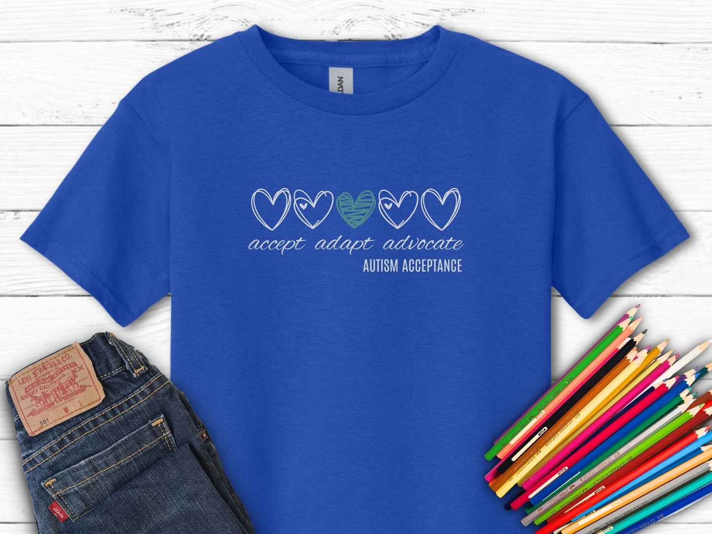 Accept Adapt Advocate Love Hearts Kids Tee-Royal-Neurodiversity, ADHD & Autism Awareness & Acceptance Kids clothes by Daily Bloom