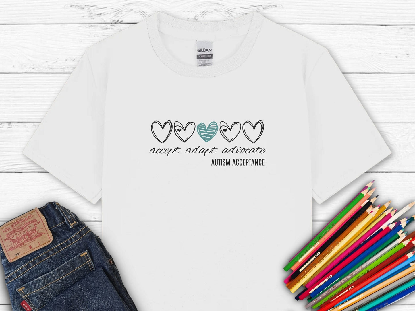 Accept Adapt Advocate Love Hearts Kids Tee-White-Neurodiversity, ADHD & Autism Awareness & Acceptance Kids clothes by Daily Bloom