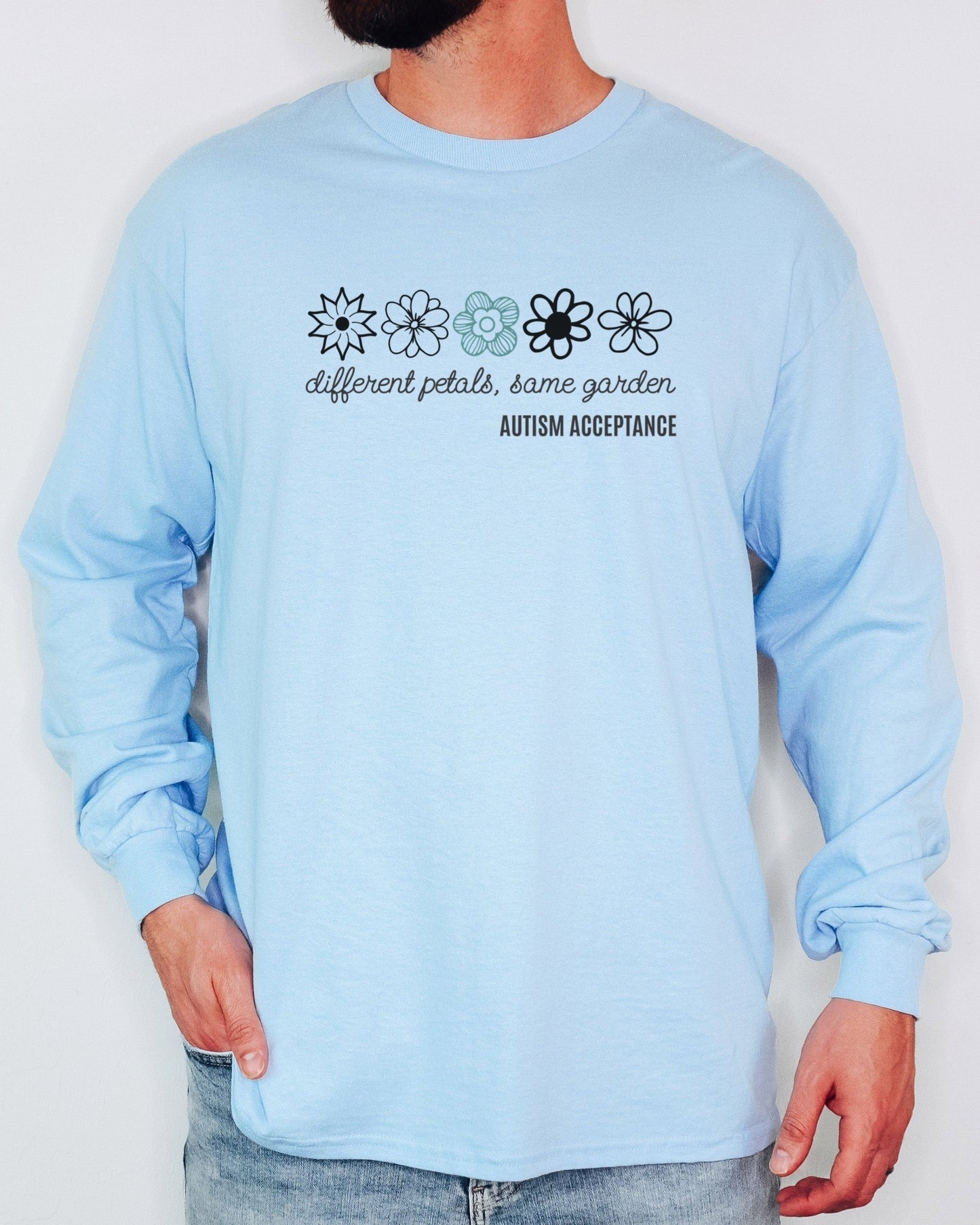 Different Petals Same Garden Flower Sketches Long Sleeve T-Shirt-Neurodiversity, ADHD & Autism Awareness & Acceptance Long-sleeve by Daily Bloom