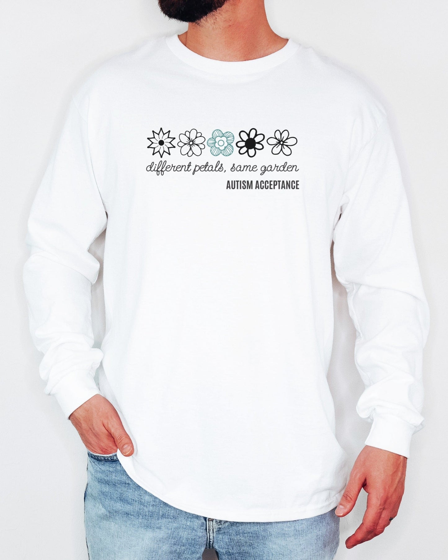 Different Petals Same Garden Flower Sketches Long Sleeve T-Shirt-Neurodiversity, ADHD & Autism Awareness & Acceptance Long-sleeve by Daily Bloom