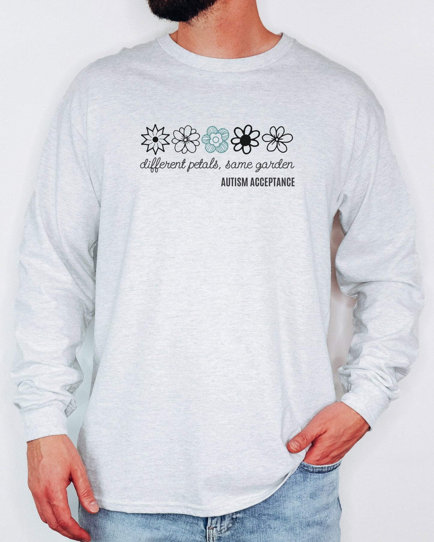 Different Petals Same Garden Flower Sketches Long Sleeve T-Shirt-Neurodiversity, ADHD & Autism Awareness & Acceptance Long-sleeve by Daily Bloom