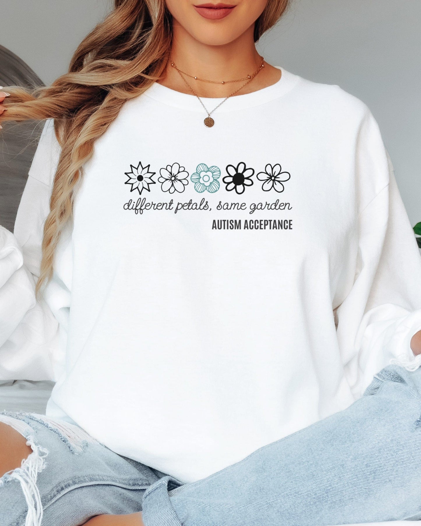 Different Petals Same Garden Flower Sketches Long Sleeve T-Shirt-Neurodiversity, ADHD & Autism Awareness & Acceptance Long-sleeve by Daily Bloom