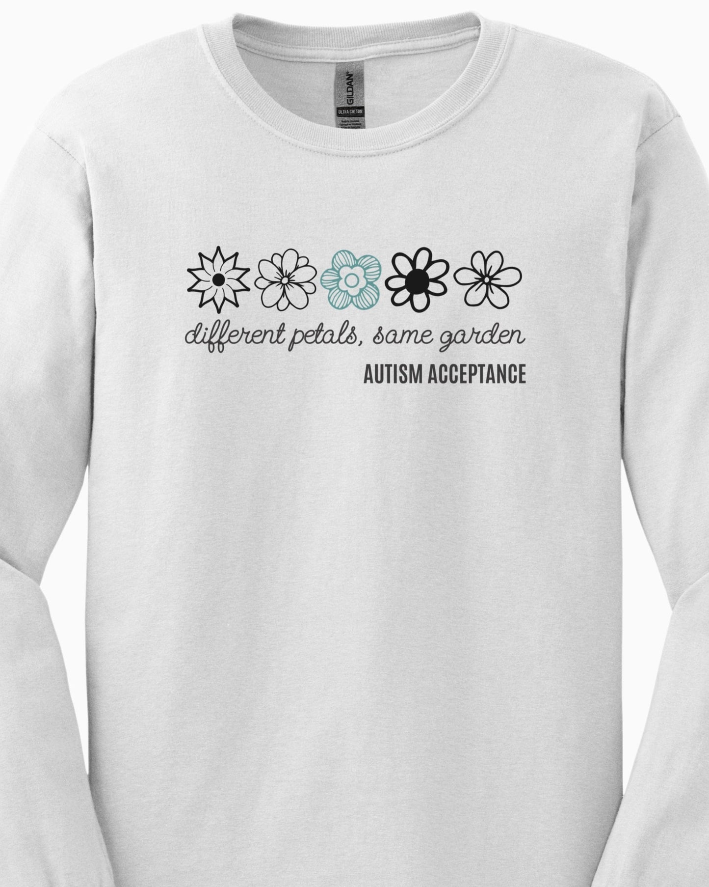 Different Petals Same Garden Flower Sketches Long Sleeve T-Shirt-Neurodiversity, ADHD & Autism Awareness & Acceptance Long-sleeve by Daily Bloom