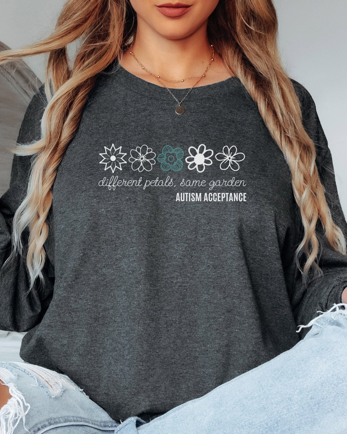 Different Petals Same Garden Flower Sketches Long Sleeve T-Shirt-Neurodiversity, ADHD & Autism Awareness & Acceptance Long-sleeve by Daily Bloom