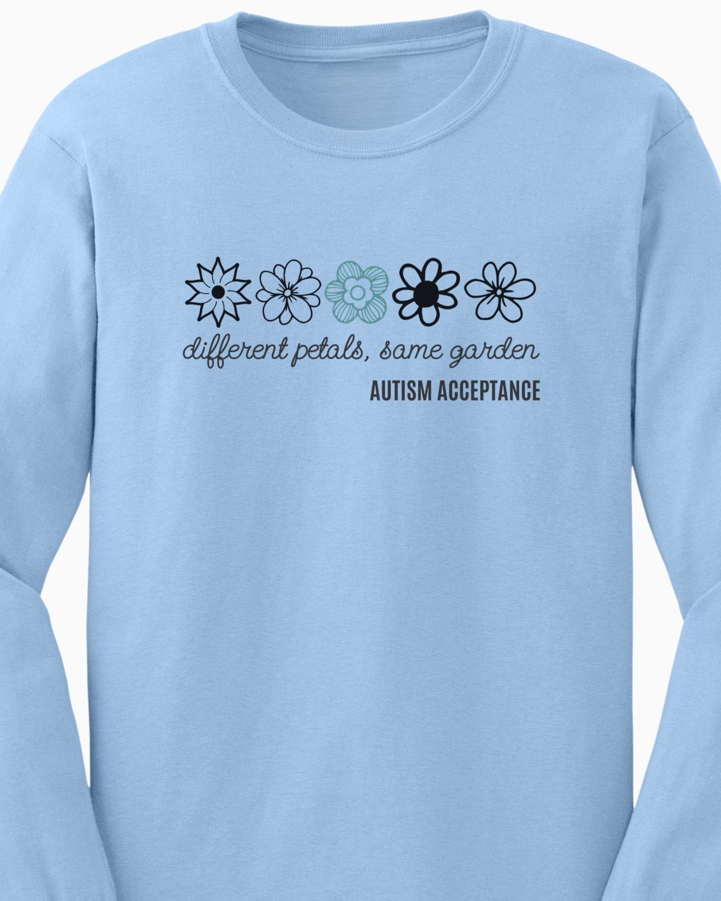 Different Petals Same Garden Flower Sketches Long Sleeve T-Shirt-Neurodiversity, ADHD & Autism Awareness & Acceptance Long-sleeve by Daily Bloom