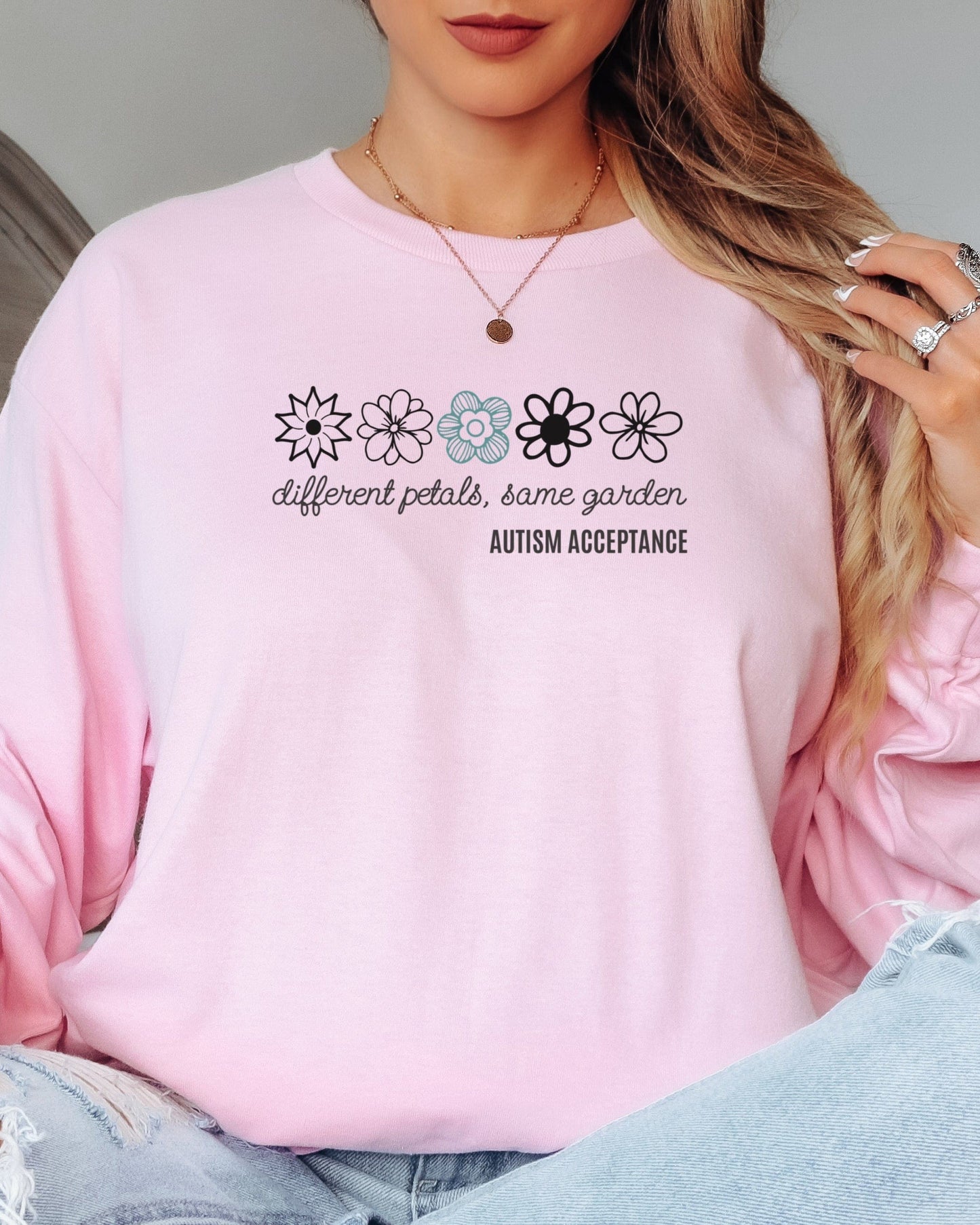 Different Petals Same Garden Flower Sketches Long Sleeve T-Shirt-Neurodiversity, ADHD & Autism Awareness & Acceptance Long-sleeve by Daily Bloom