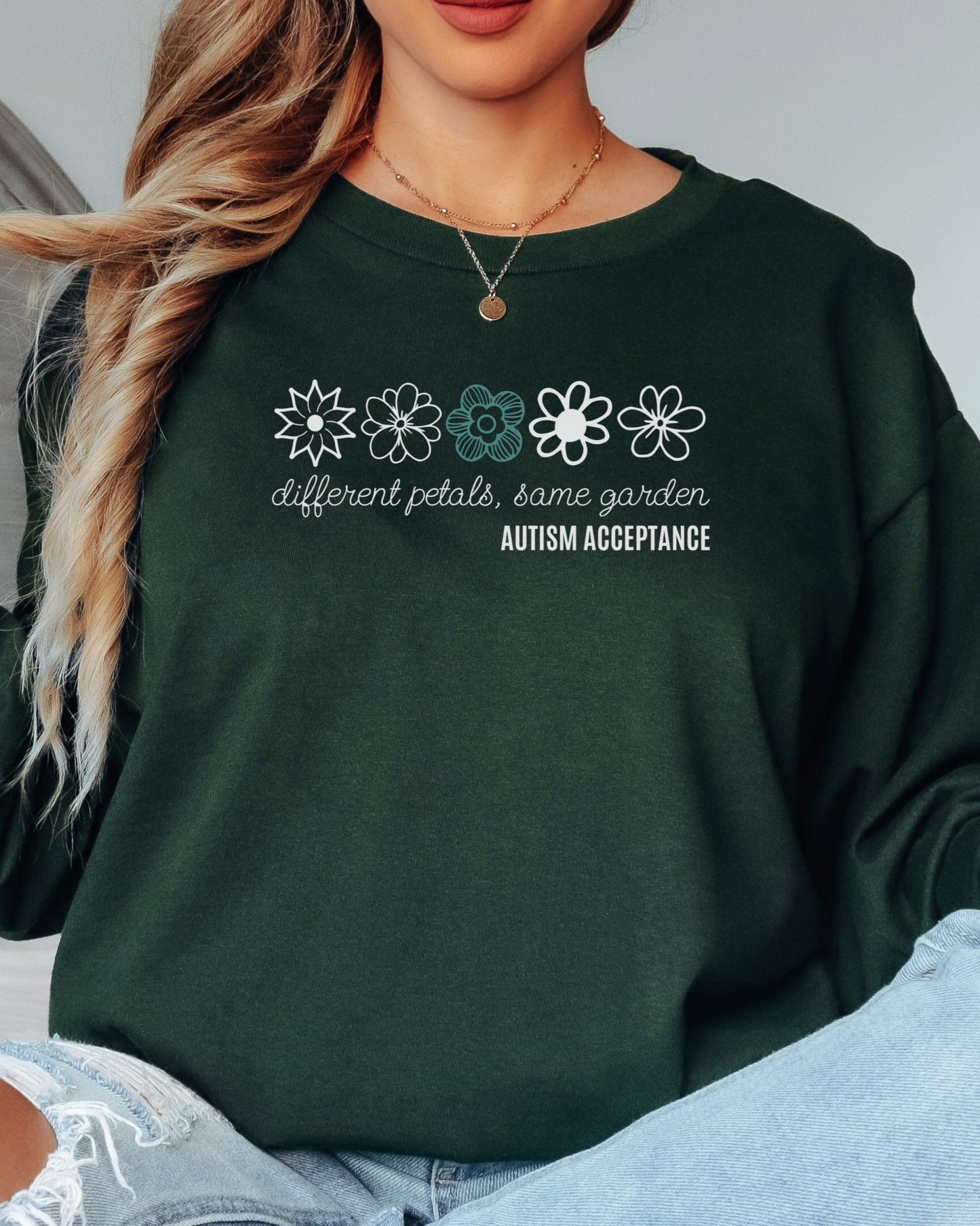 Different Petals Same Garden Flower Sketches Long Sleeve T-Shirt-Neurodiversity, ADHD & Autism Awareness & Acceptance Long-sleeve by Daily Bloom
