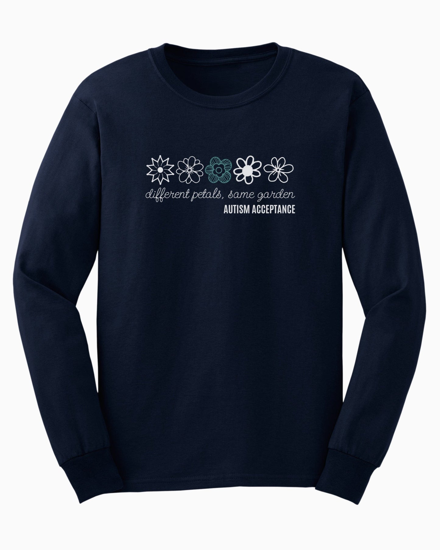 Different Petals Same Garden Flower Sketches Long Sleeve T-Shirt-Neurodiversity, ADHD & Autism Awareness & Acceptance Long-sleeve by Daily Bloom