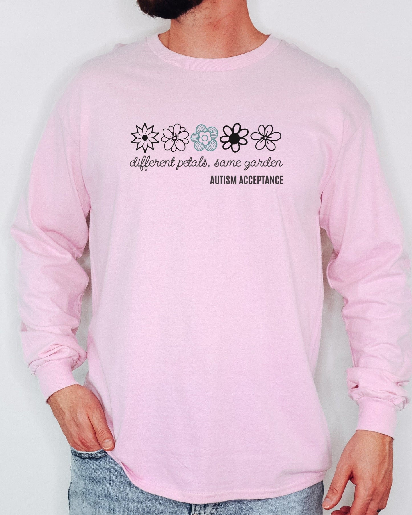 Different Petals Same Garden Flower Sketches Long Sleeve T-Shirt-Neurodiversity, ADHD & Autism Awareness & Acceptance Long-sleeve by Daily Bloom