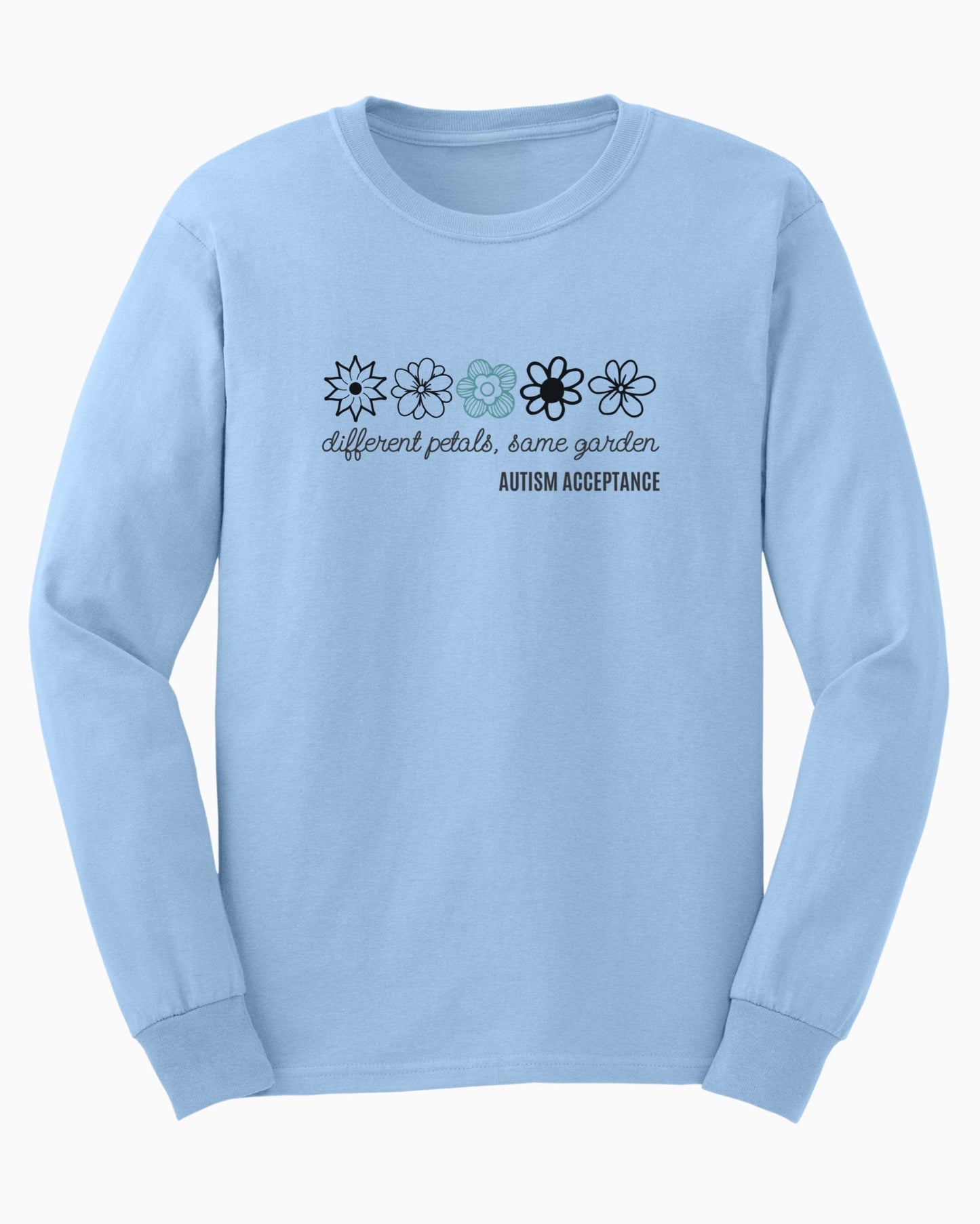 Different Petals Same Garden Flower Sketches Long Sleeve T-Shirt-Neurodiversity, ADHD & Autism Awareness & Acceptance Long-sleeve by Daily Bloom