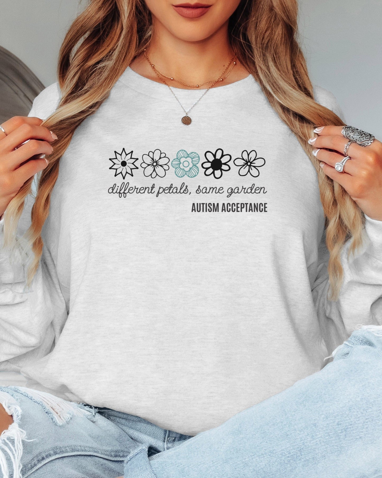Different Petals Same Garden Flower Sketches Long Sleeve T-Shirt-Neurodiversity, ADHD & Autism Awareness & Acceptance Long-sleeve by Daily Bloom
