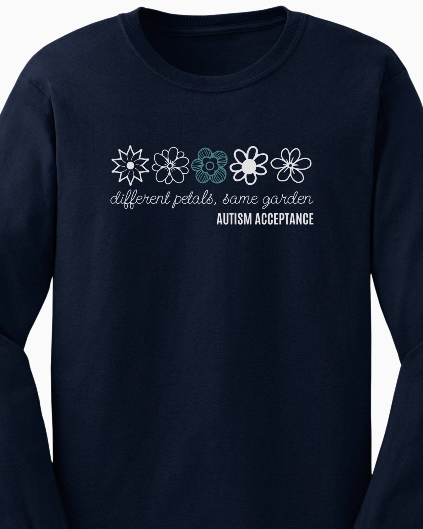 Different Petals Same Garden Flower Sketches Long Sleeve T-Shirt-Neurodiversity, ADHD & Autism Awareness & Acceptance Long-sleeve by Daily Bloom