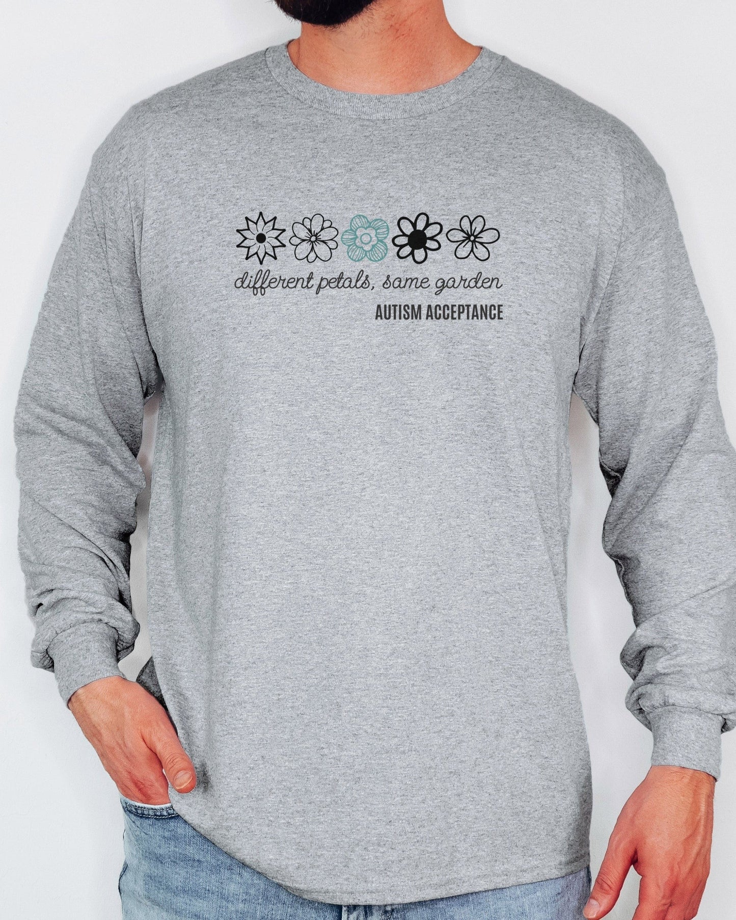 Different Petals Same Garden Flower Sketches Long Sleeve T-Shirt-Neurodiversity, ADHD & Autism Awareness & Acceptance Long-sleeve by Daily Bloom