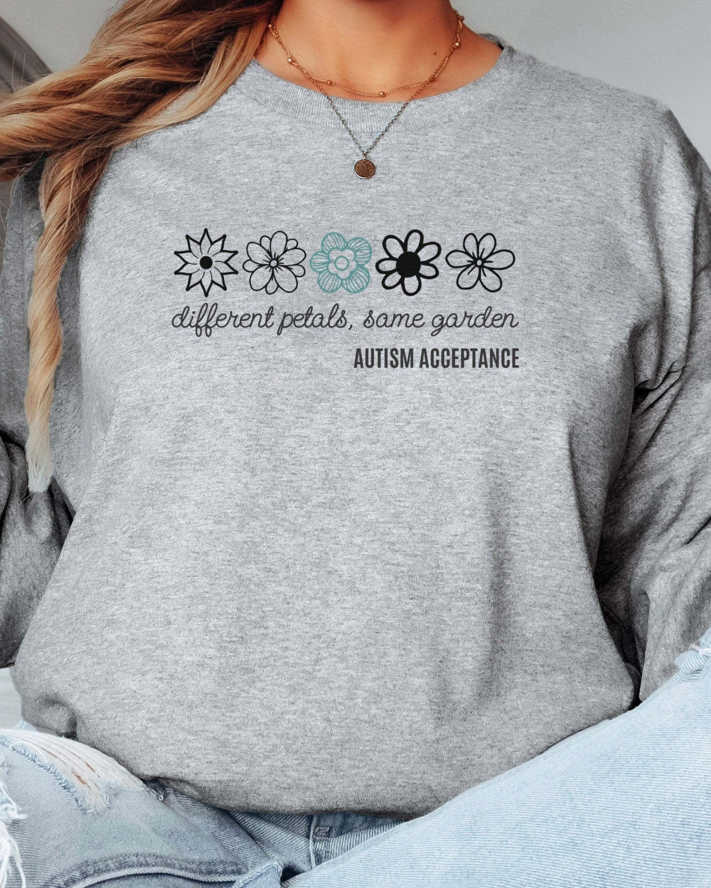 Different Petals Same Garden Flower Sketches Long Sleeve T-Shirt-Neurodiversity, ADHD & Autism Awareness & Acceptance Long-sleeve by Daily Bloom