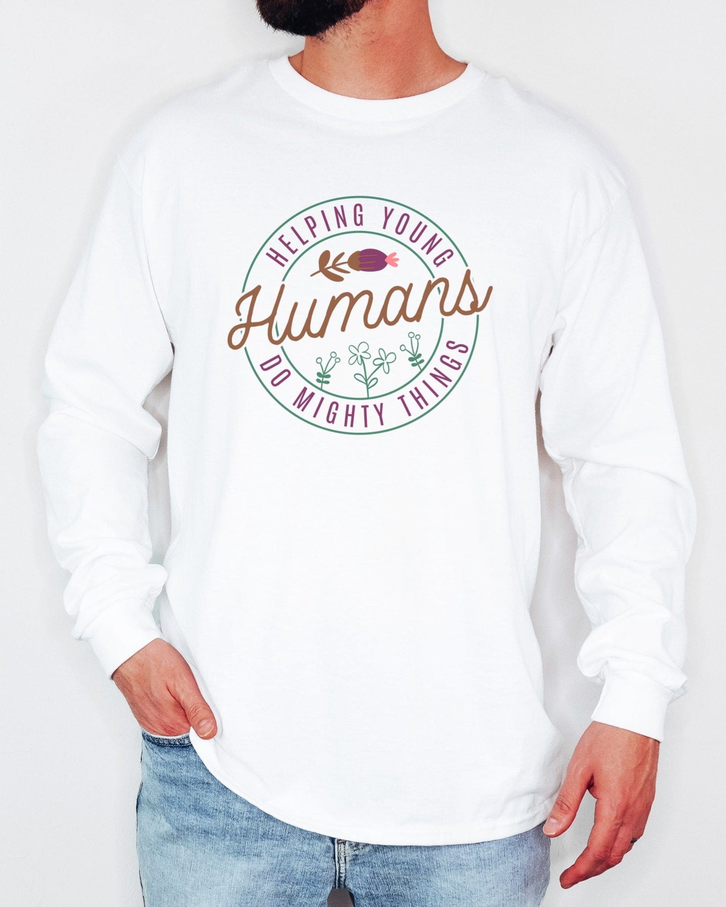 Helping Young Humans Do Mighty Things Long Sleeve T-Shirt-Neurodiversity, ADHD & Autism Awareness & Acceptance Long-sleeve by Daily Bloom