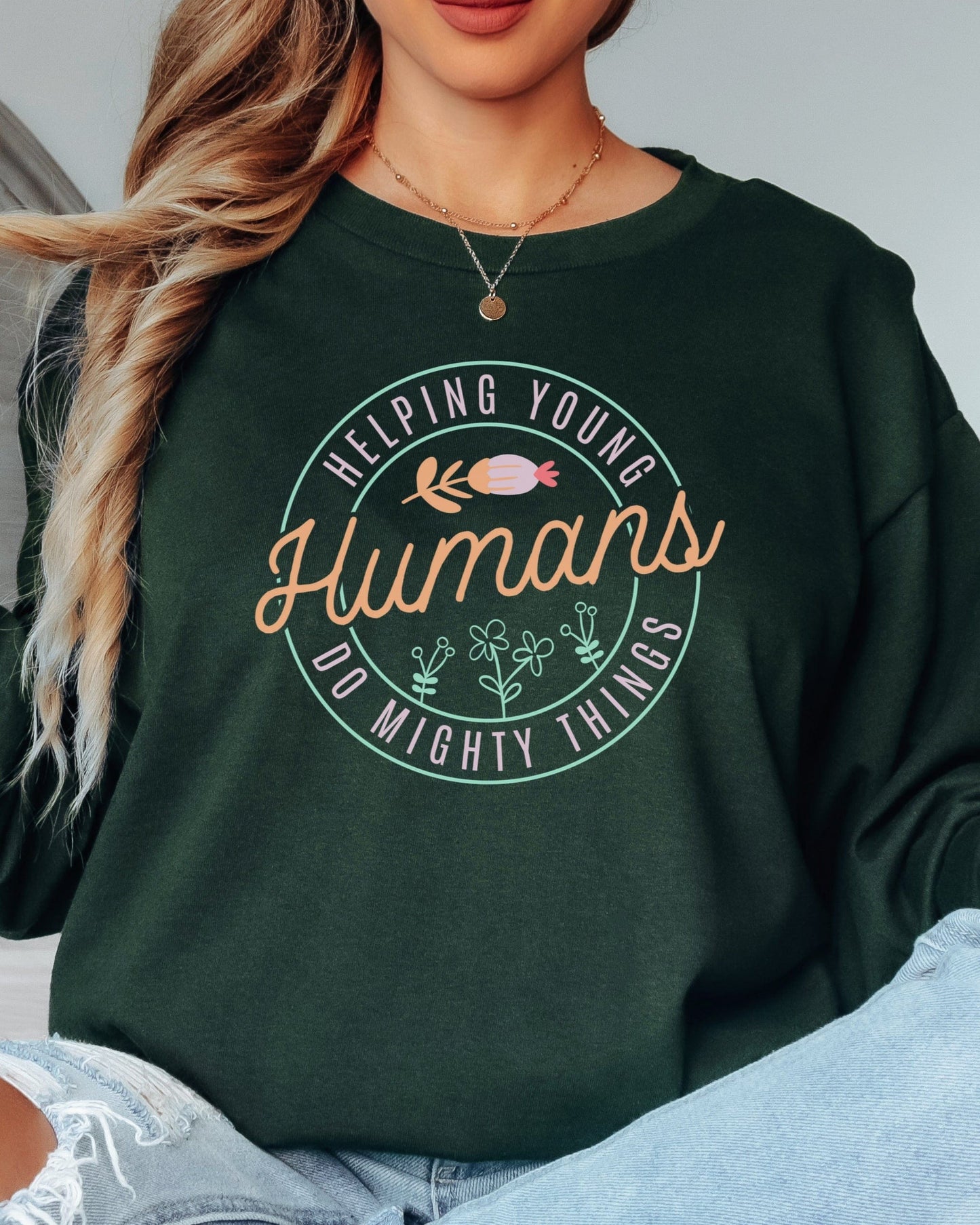 Helping Young Humans Do Mighty Things Long Sleeve T-Shirt-Neurodiversity, ADHD & Autism Awareness & Acceptance Long-sleeve by Daily Bloom