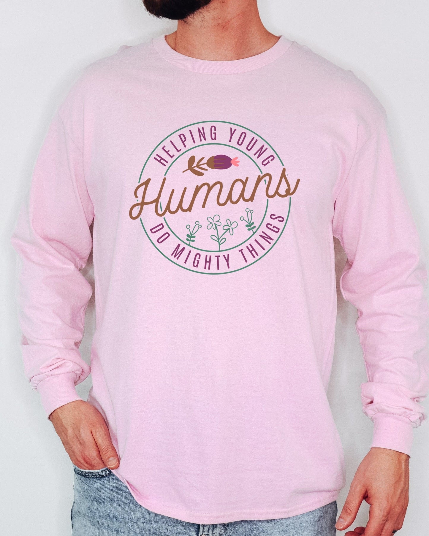 Helping Young Humans Do Mighty Things Long Sleeve T-Shirt-Neurodiversity, ADHD & Autism Awareness & Acceptance Long-sleeve by Daily Bloom