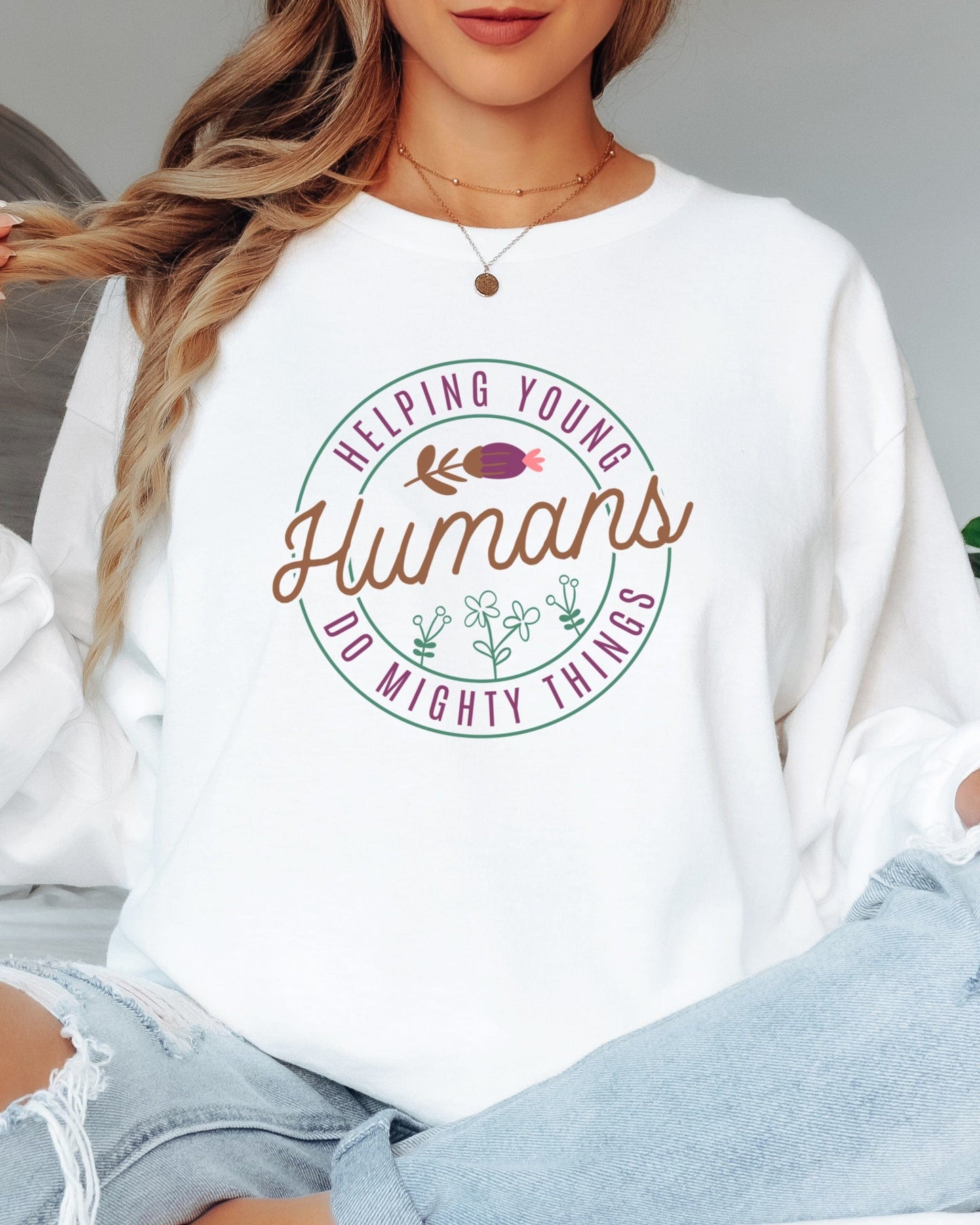Helping Young Humans Do Mighty Things Long Sleeve T-Shirt-Neurodiversity, ADHD & Autism Awareness & Acceptance Long-sleeve by Daily Bloom