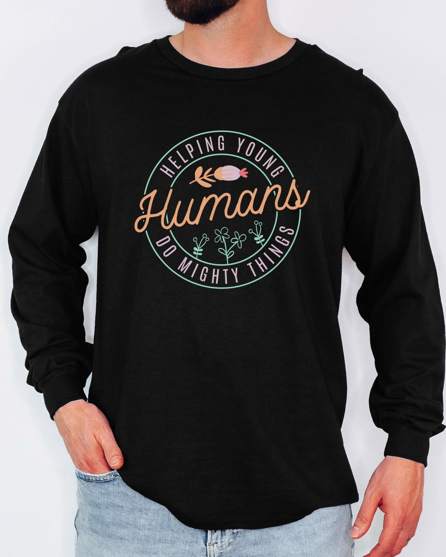 Helping Young Humans Do Mighty Things Long Sleeve T-Shirt-Neurodiversity, ADHD & Autism Awareness & Acceptance Long-sleeve by Daily Bloom