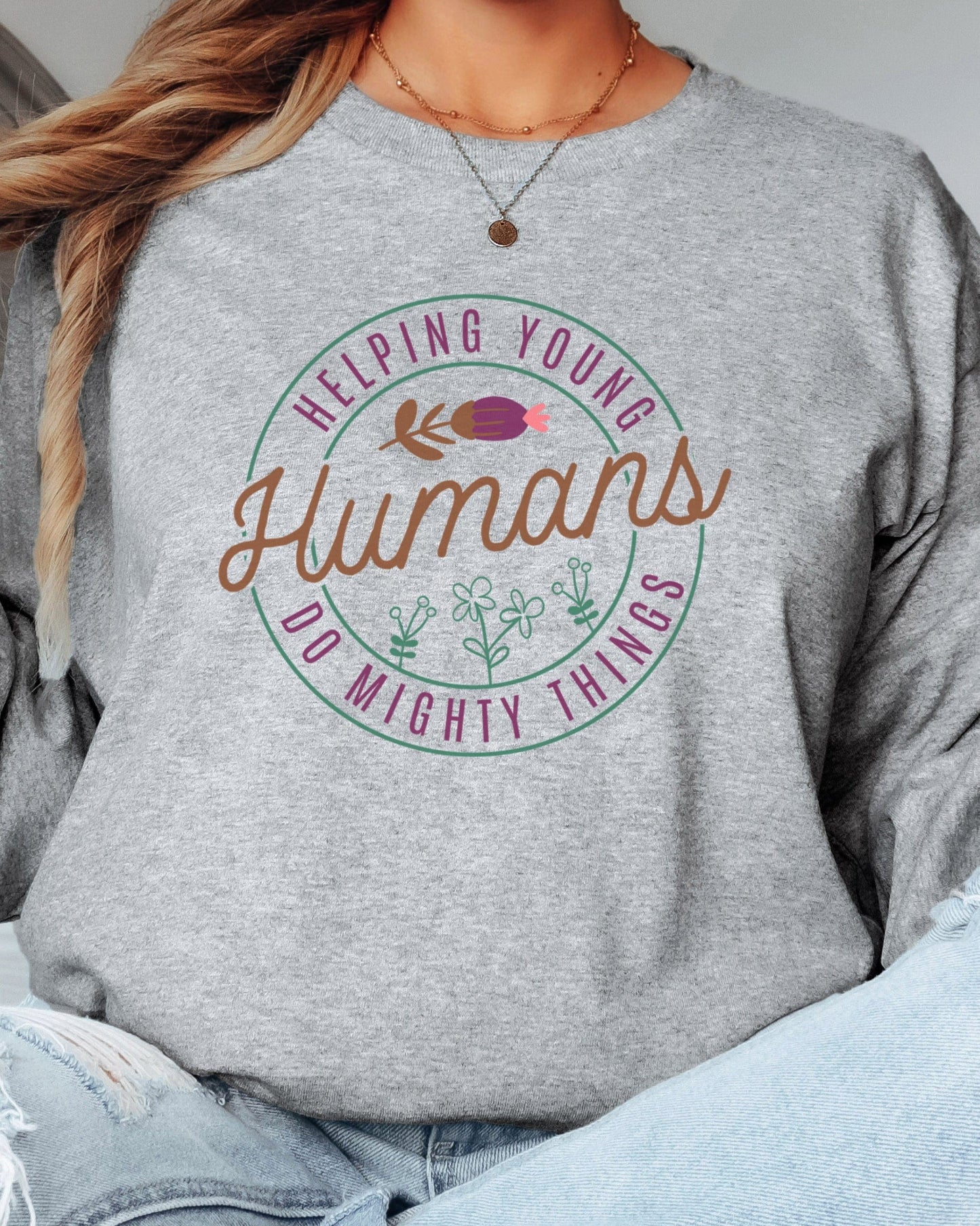 Helping Young Humans Do Mighty Things Long Sleeve T-Shirt-Neurodiversity, ADHD & Autism Awareness & Acceptance Long-sleeve by Daily Bloom