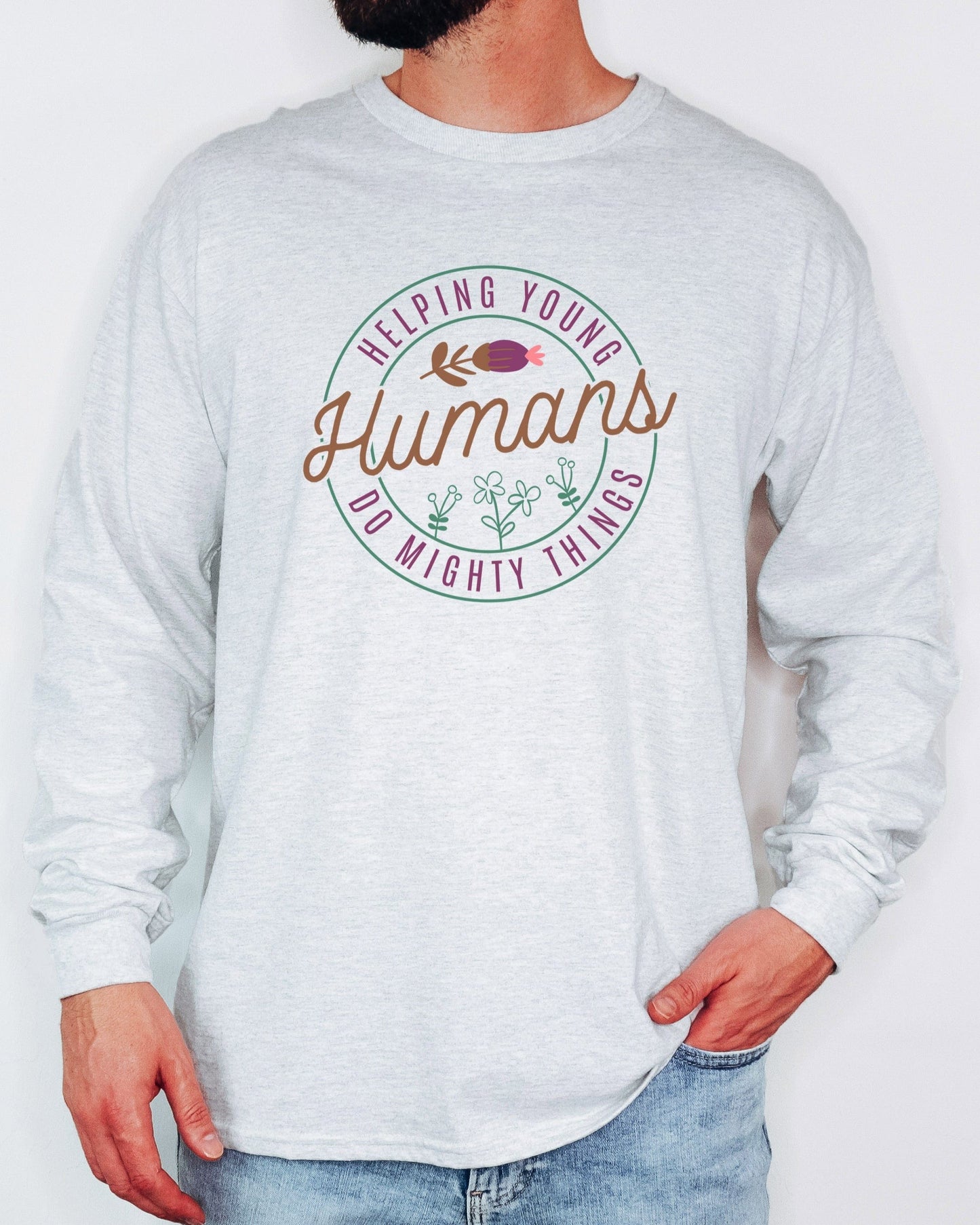 Helping Young Humans Do Mighty Things Long Sleeve T-Shirt-Neurodiversity, ADHD & Autism Awareness & Acceptance Long-sleeve by Daily Bloom