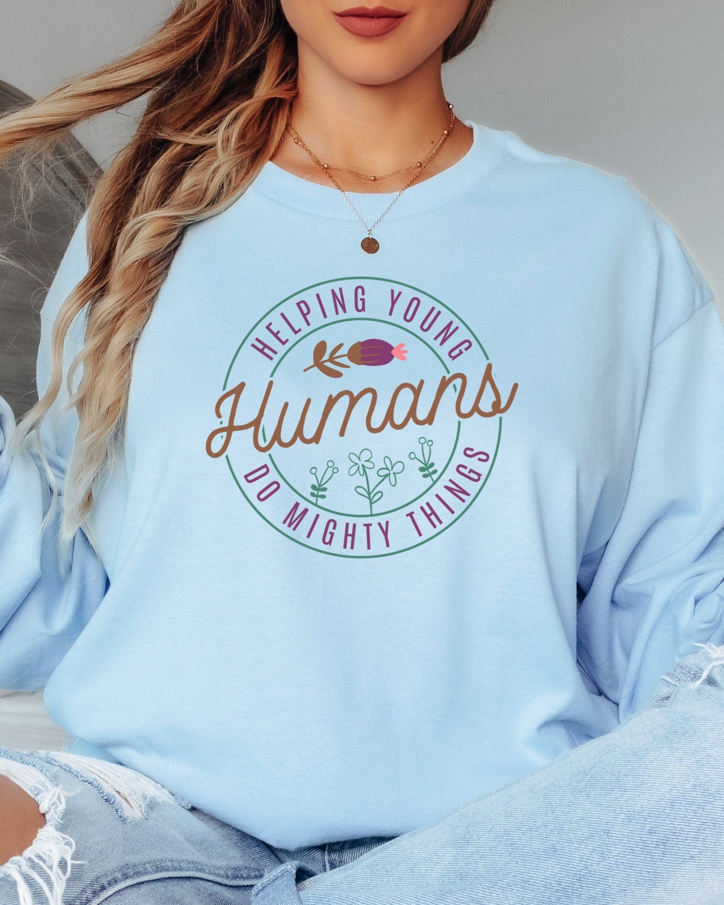 Helping Young Humans Do Mighty Things Long Sleeve T-Shirt-Neurodiversity, ADHD & Autism Awareness & Acceptance Long-sleeve by Daily Bloom