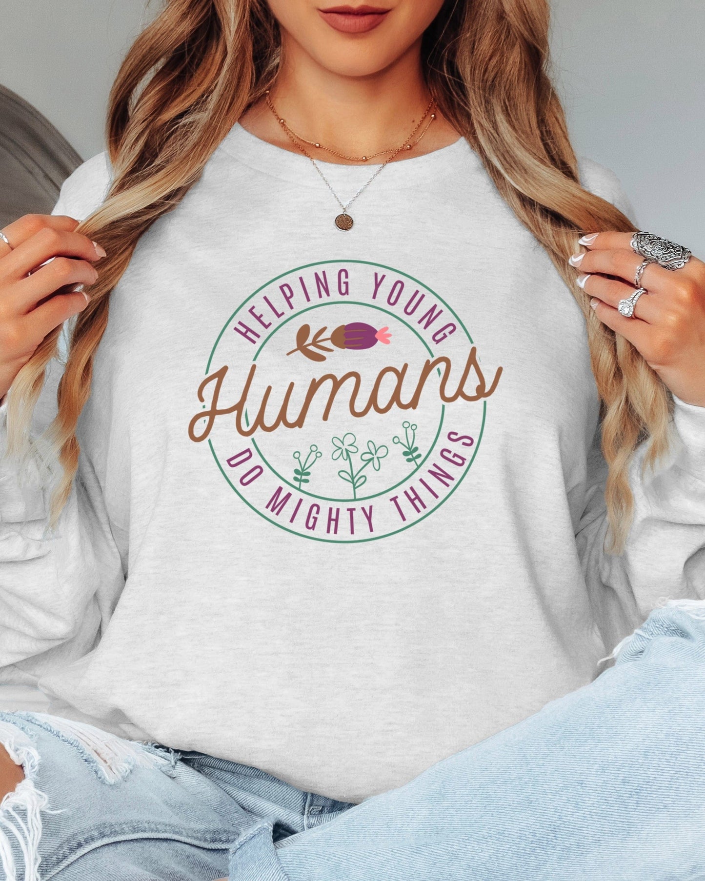 Helping Young Humans Do Mighty Things Long Sleeve T-Shirt-Neurodiversity, ADHD & Autism Awareness & Acceptance Long-sleeve by Daily Bloom
