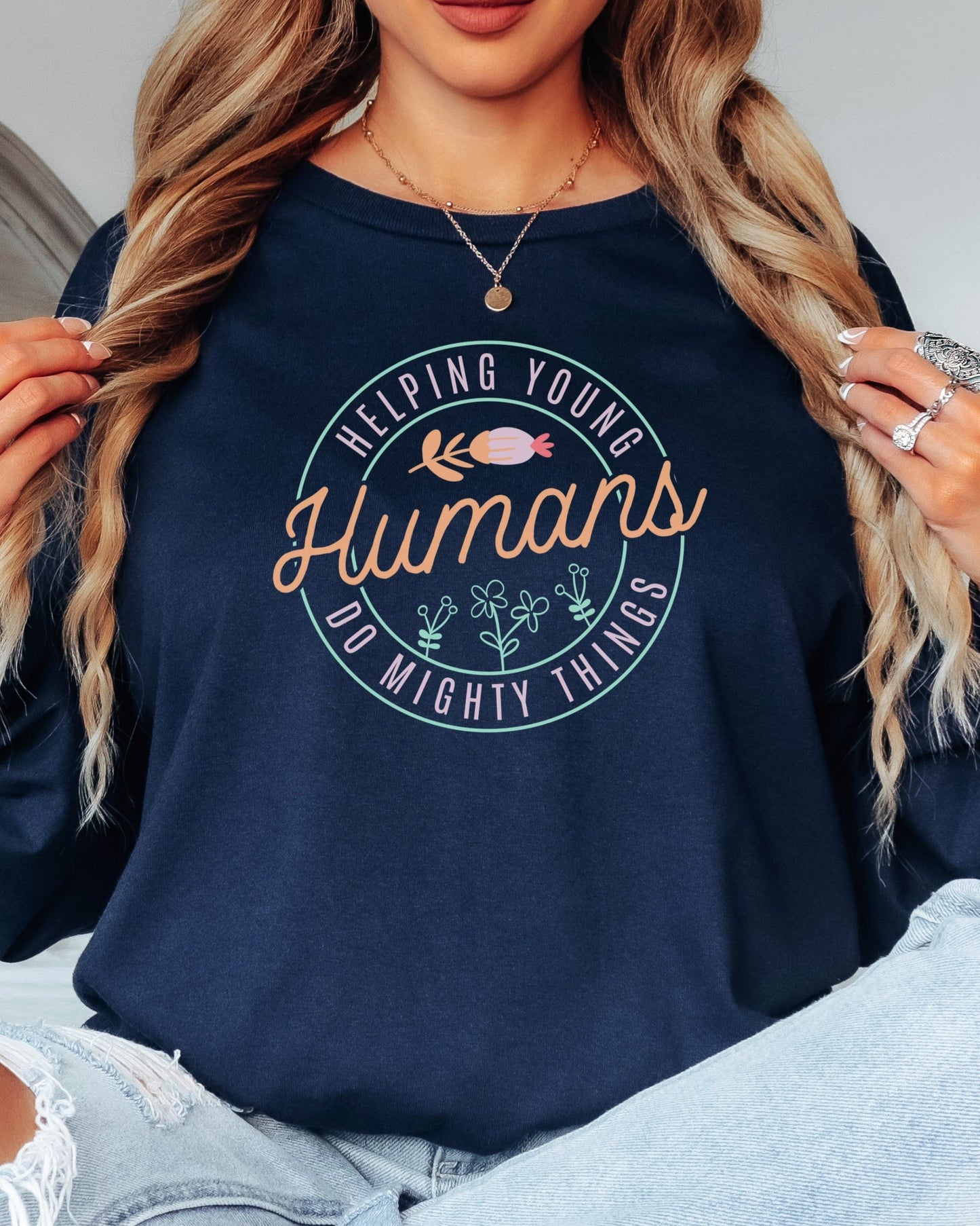 Helping Young Humans Do Mighty Things Long Sleeve T-Shirt-Neurodiversity, ADHD & Autism Awareness & Acceptance Long-sleeve by Daily Bloom