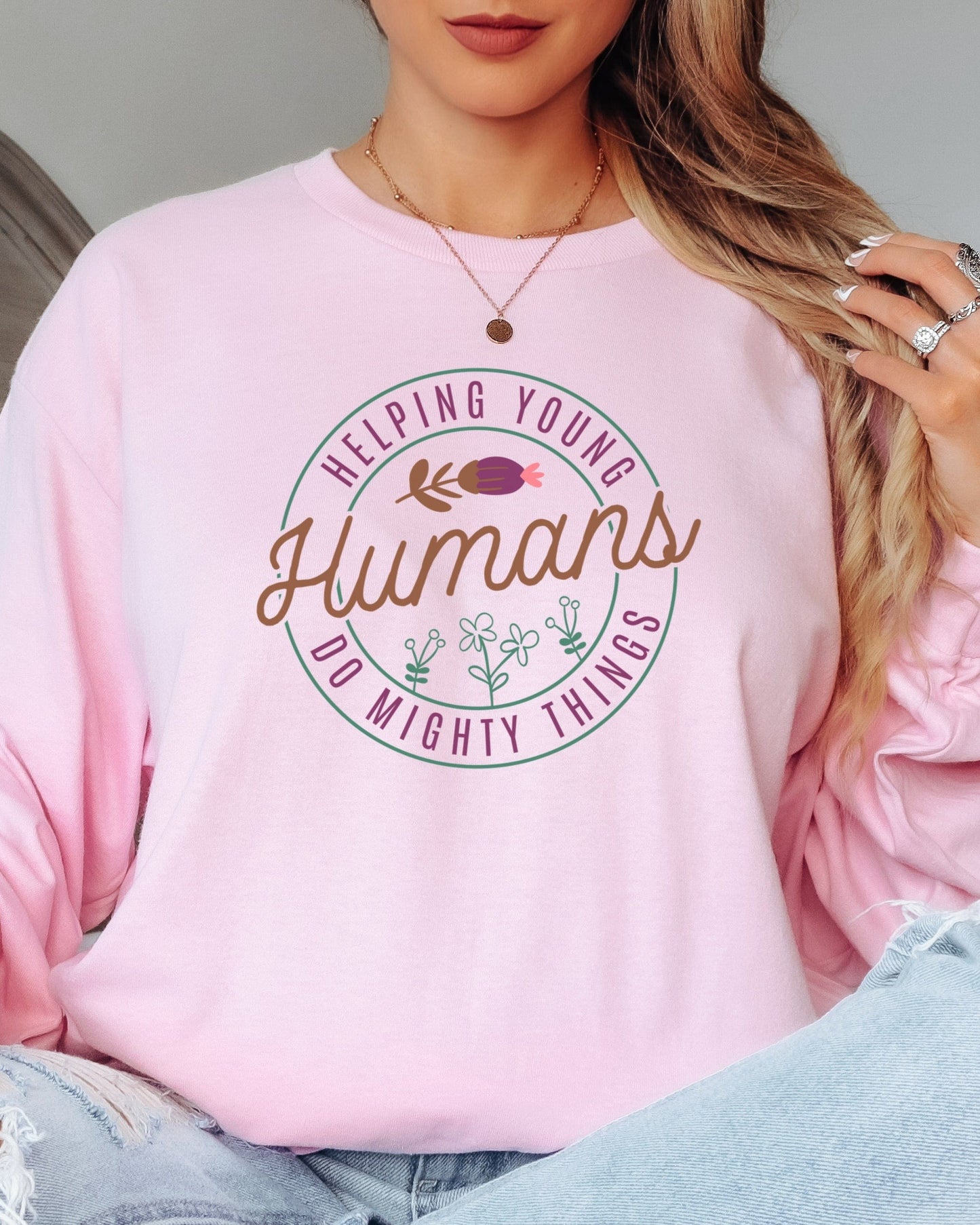 Helping Young Humans Do Mighty Things Long Sleeve T-Shirt-Neurodiversity, ADHD & Autism Awareness & Acceptance Long-sleeve by Daily Bloom