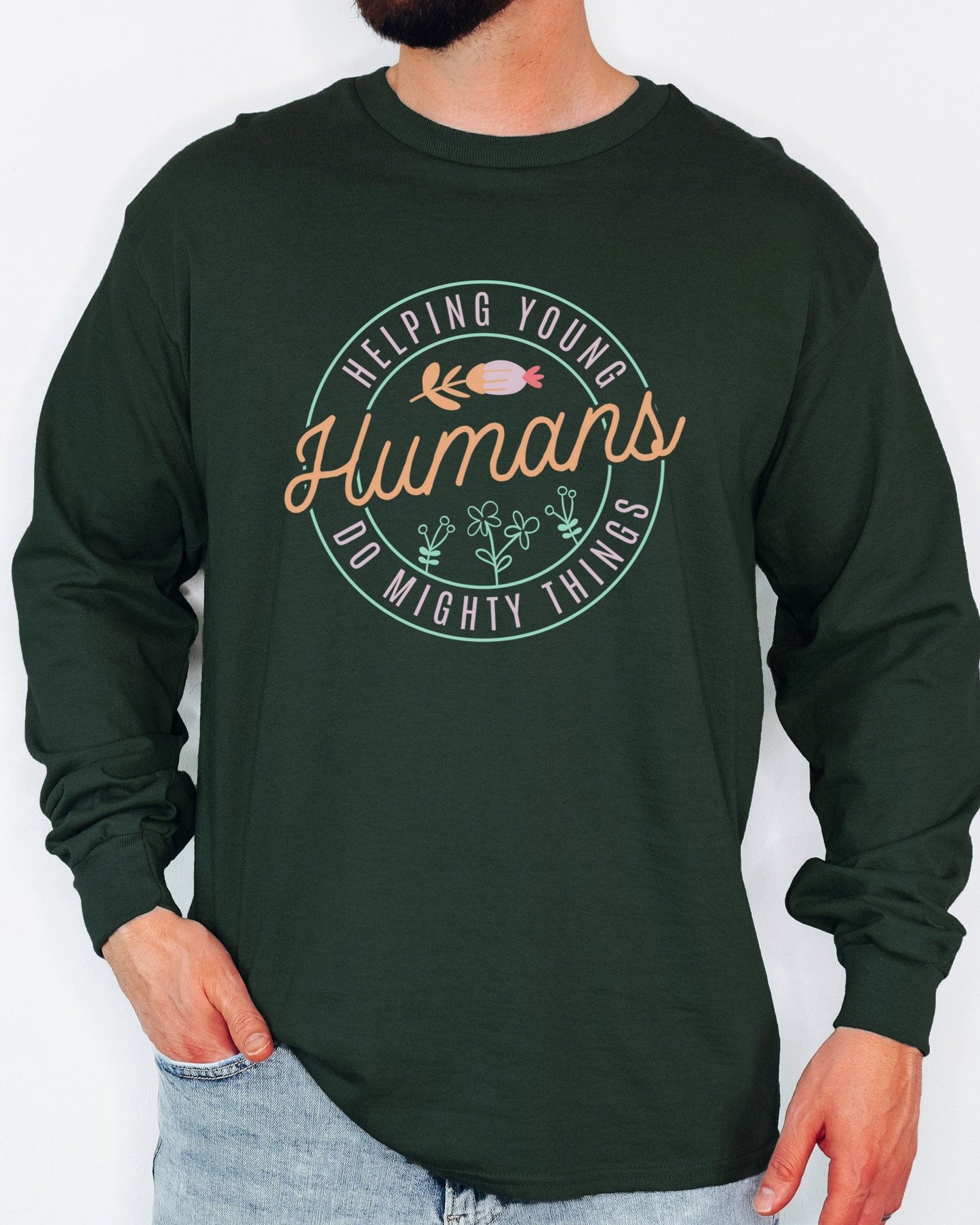 Helping Young Humans Do Mighty Things Long Sleeve T-Shirt-Neurodiversity, ADHD & Autism Awareness & Acceptance Long-sleeve by Daily Bloom