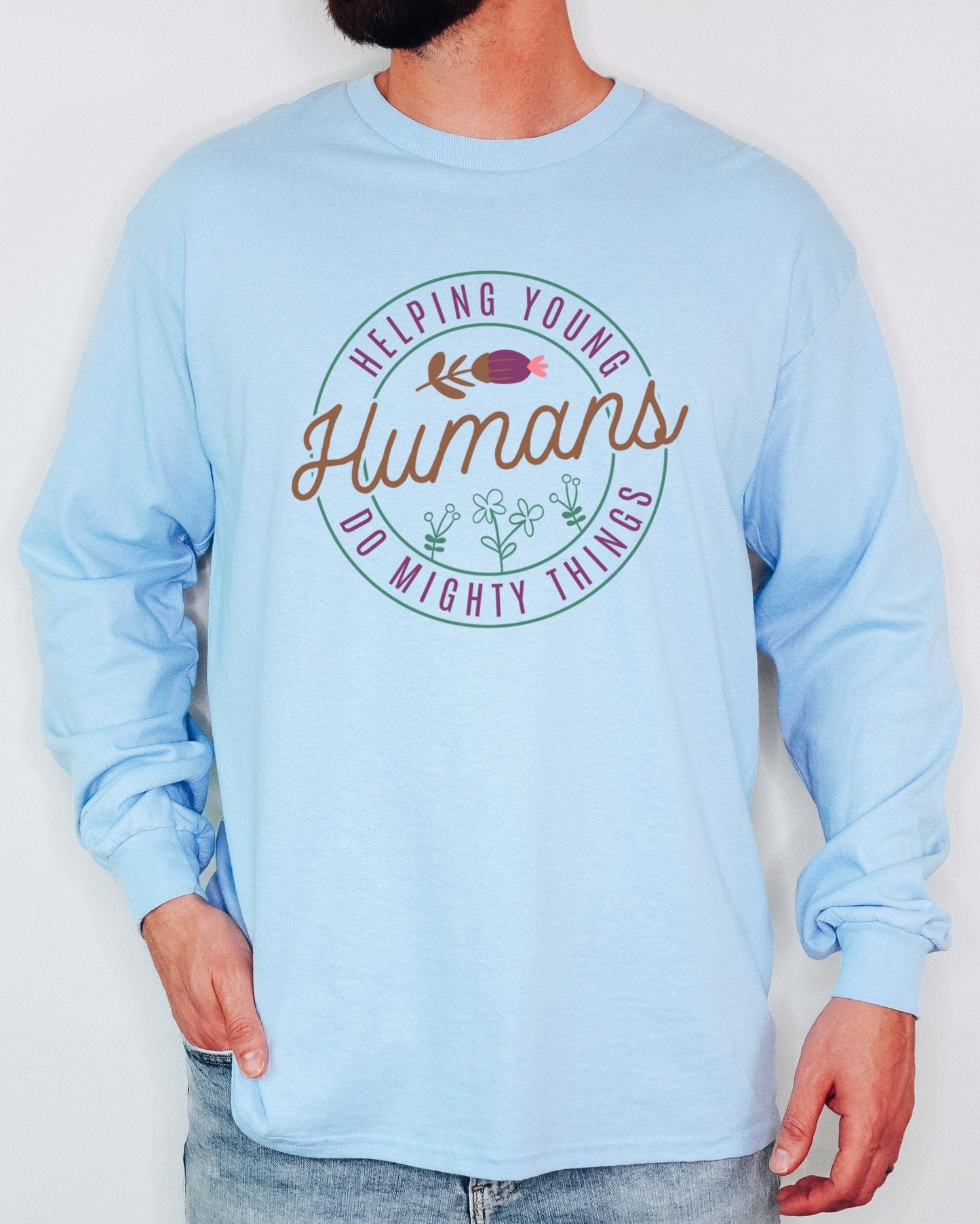 Helping Young Humans Do Mighty Things Long Sleeve T-Shirt-Neurodiversity, ADHD & Autism Awareness & Acceptance Long-sleeve by Daily Bloom