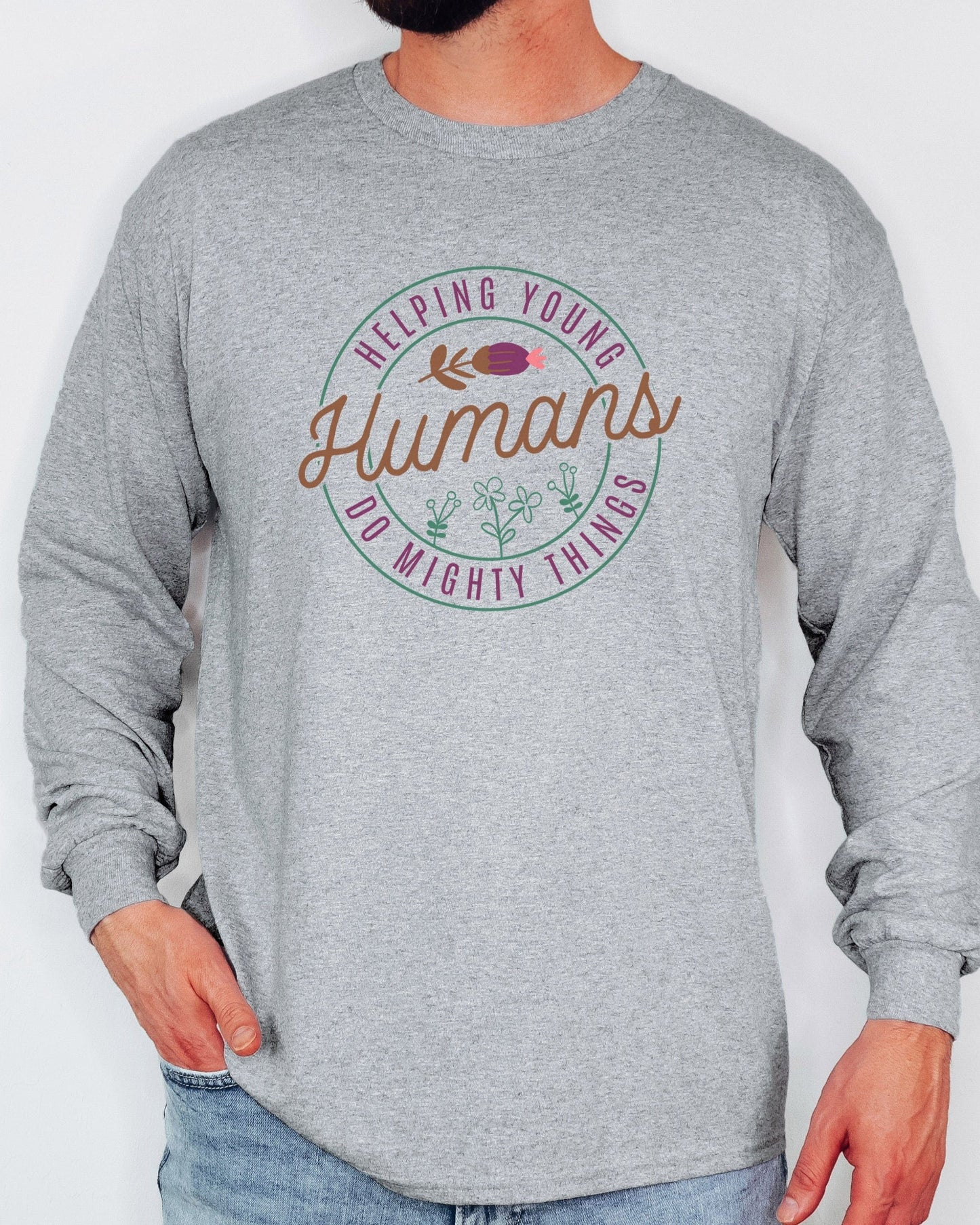 Helping Young Humans Do Mighty Things Long Sleeve T-Shirt-Neurodiversity, ADHD & Autism Awareness & Acceptance Long-sleeve by Daily Bloom