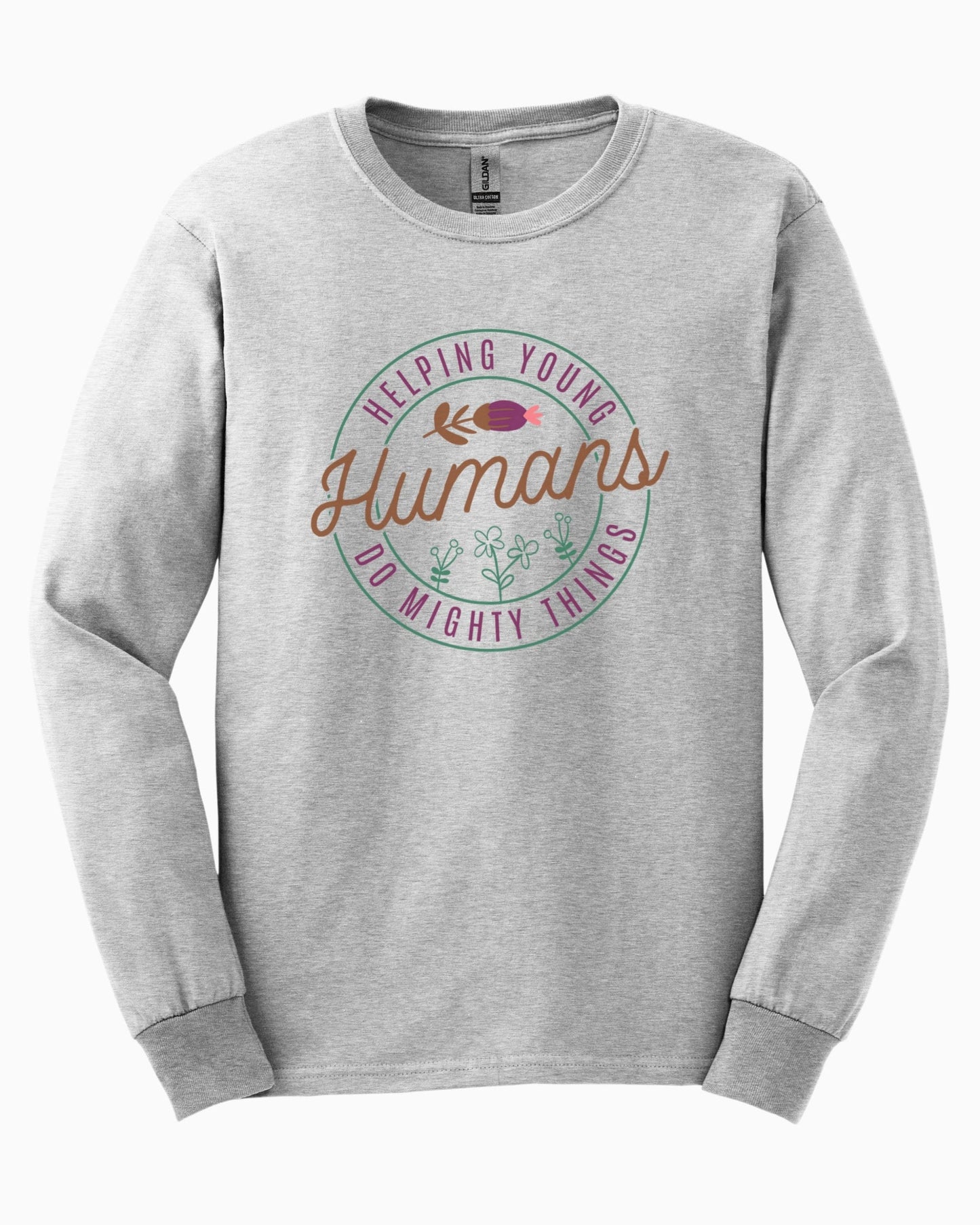 Helping Young Humans Do Mighty Things Long Sleeve T-Shirt-Ash-Neurodiversity, ADHD & Autism Awareness & Acceptance Long-sleeve by Daily Bloom
