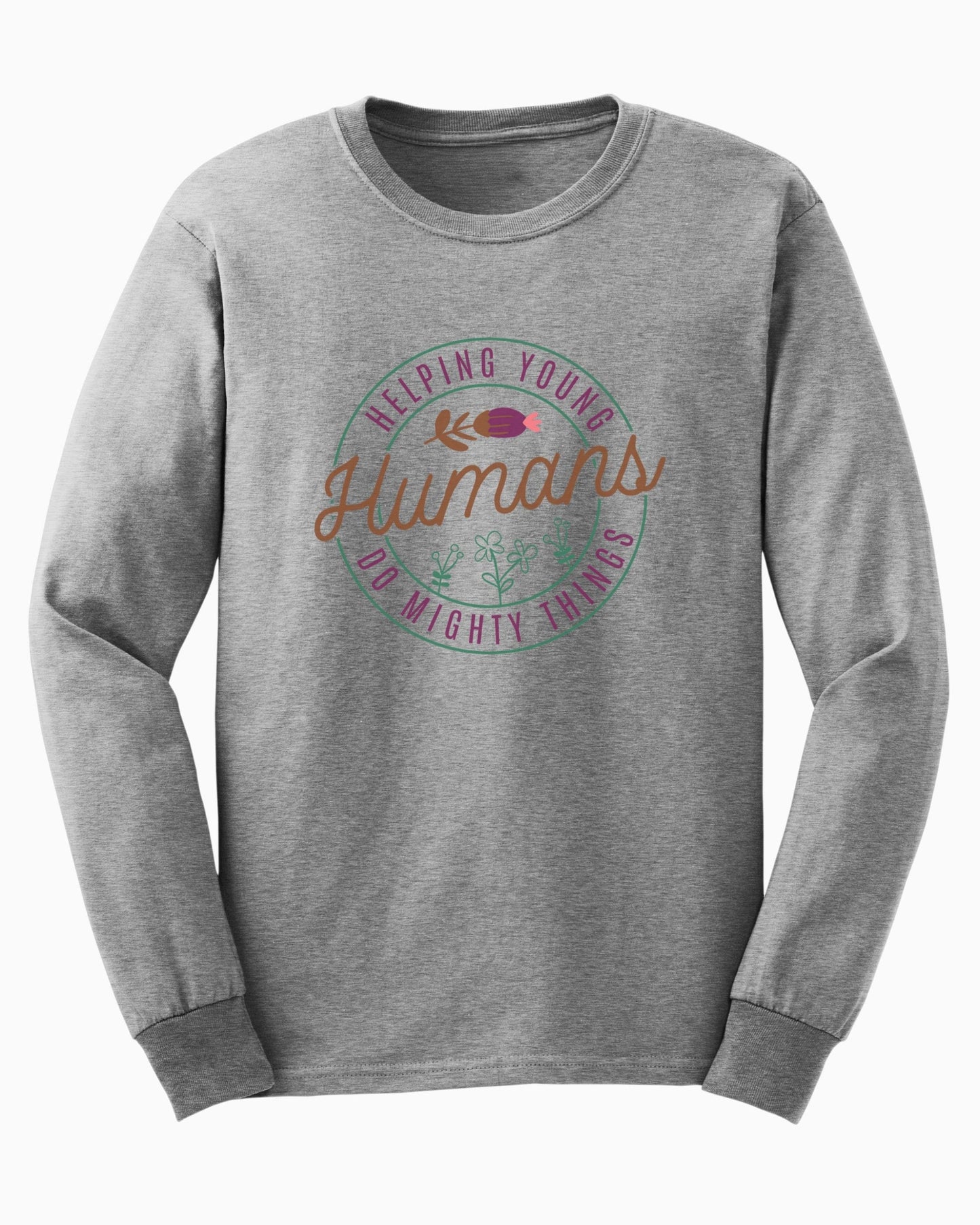 Helping Young Humans Do Mighty Things Long Sleeve T-Shirt-Sport Grey-Neurodiversity, ADHD & Autism Awareness & Acceptance Long-sleeve by Daily Bloom