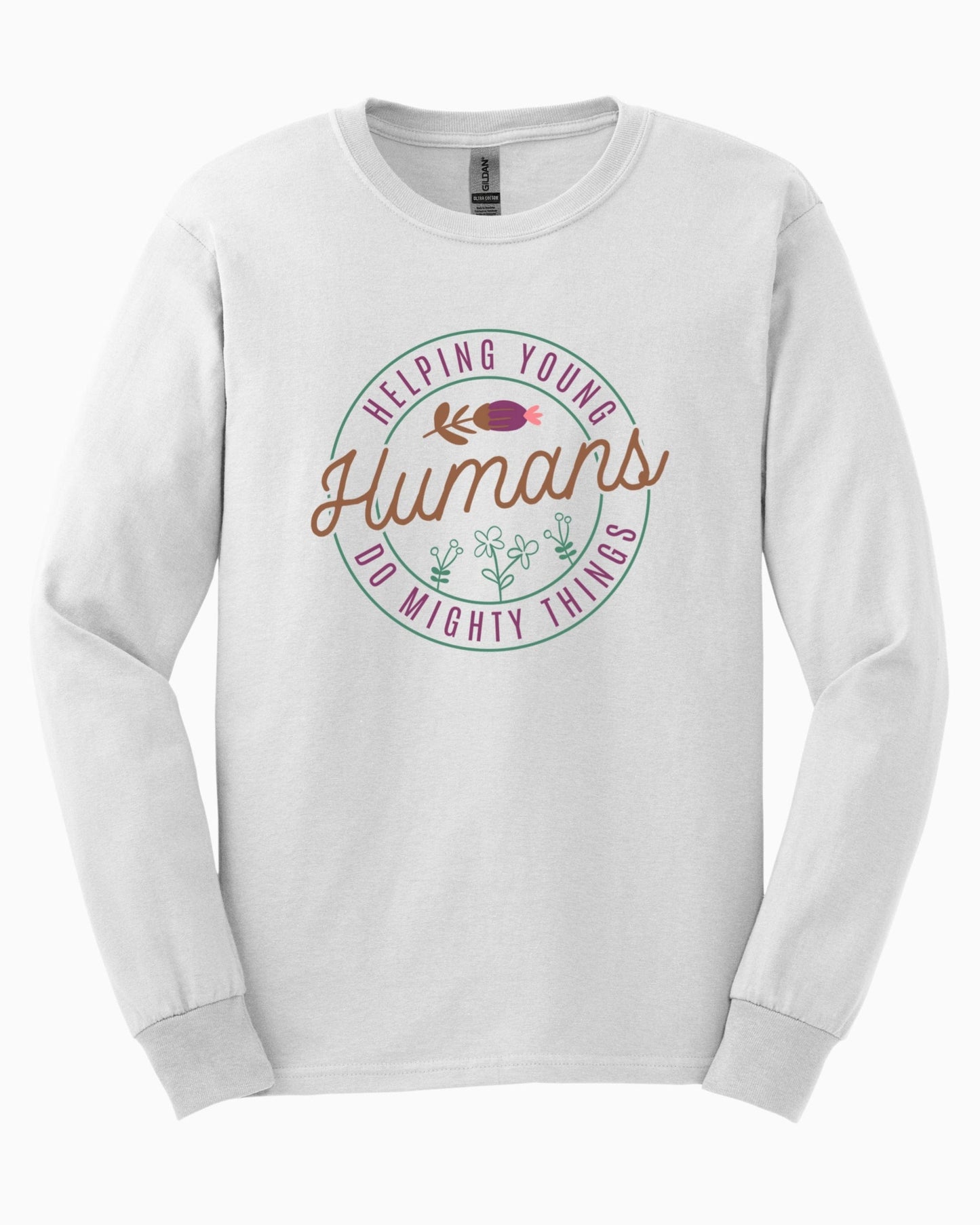 Helping Young Humans Do Mighty Things Long Sleeve T-Shirt-White-Neurodiversity, ADHD & Autism Awareness & Acceptance Long-sleeve by Daily Bloom