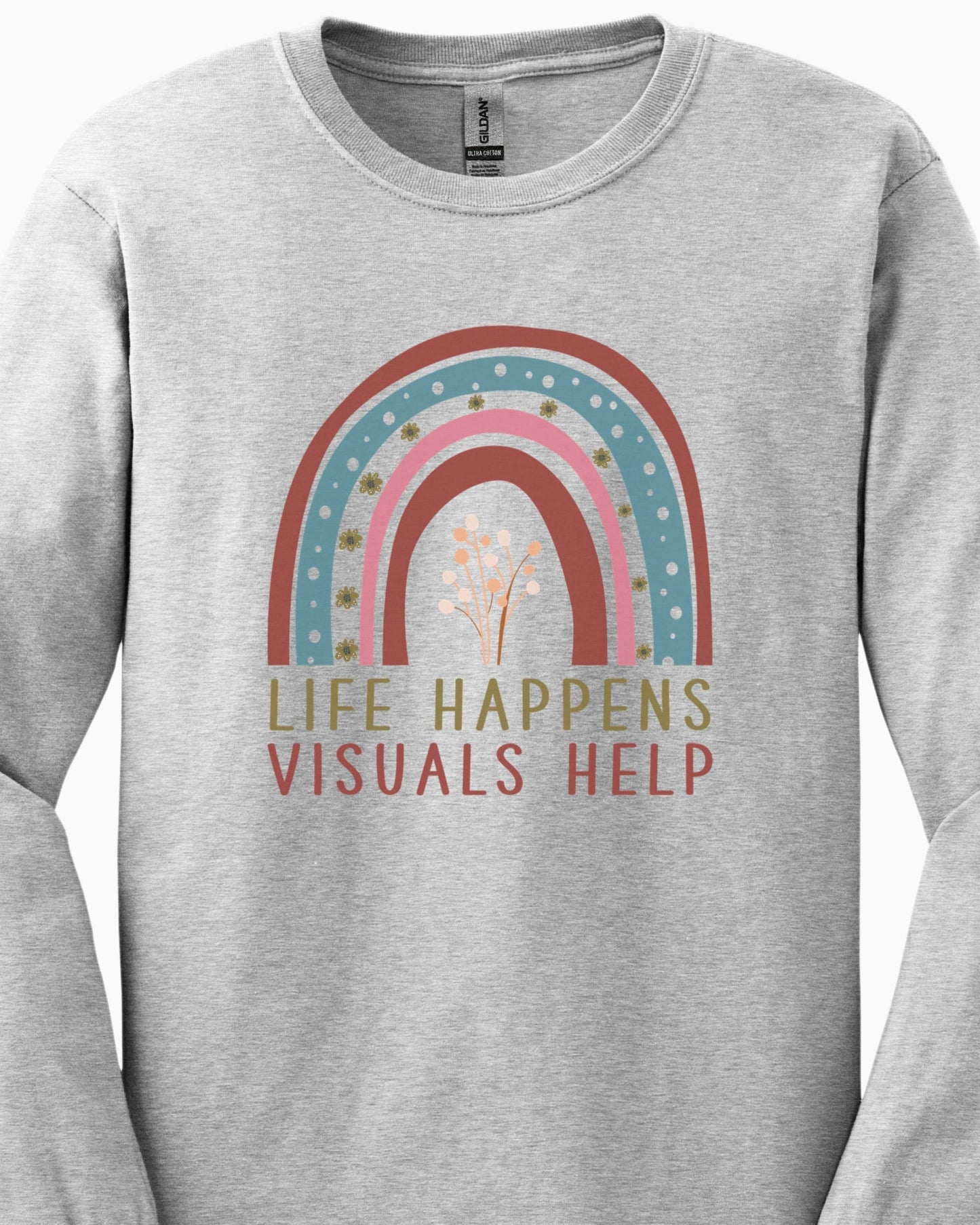 Life Happens Visuals Help Long Sleeve T-Shirt-Neurodiversity, ADHD & Autism Awareness & Acceptance Long-sleeve by Daily Bloom
