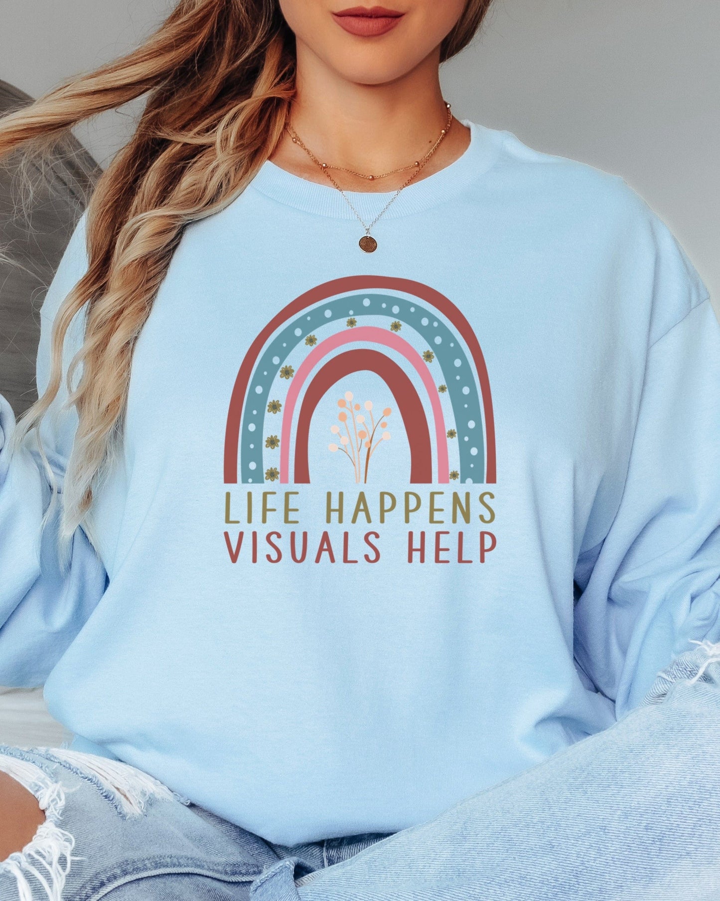 Life Happens Visuals Help Long Sleeve T-Shirt-Neurodiversity, ADHD & Autism Awareness & Acceptance Long-sleeve by Daily Bloom