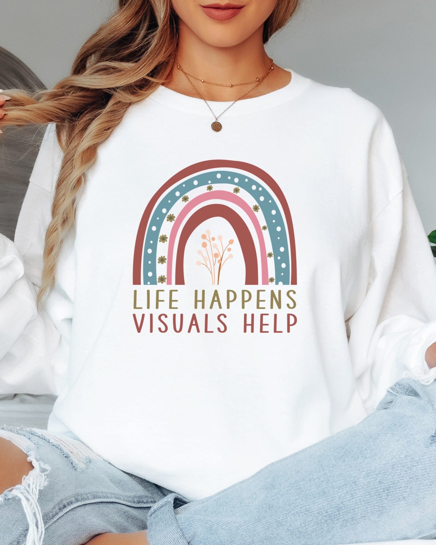 Life Happens Visuals Help Long Sleeve T-Shirt-Neurodiversity, ADHD & Autism Awareness & Acceptance Long-sleeve by Daily Bloom