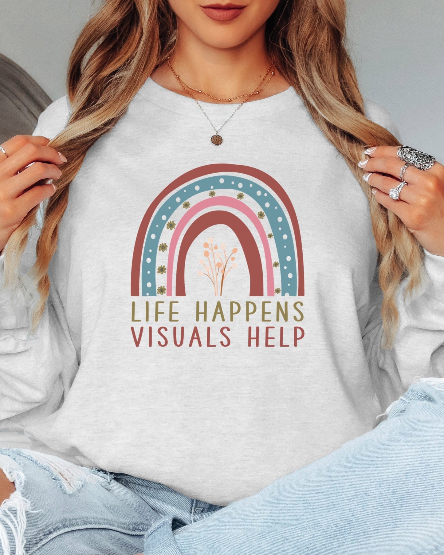 Life Happens Visuals Help Long Sleeve T-Shirt-Neurodiversity, ADHD & Autism Awareness & Acceptance Long-sleeve by Daily Bloom