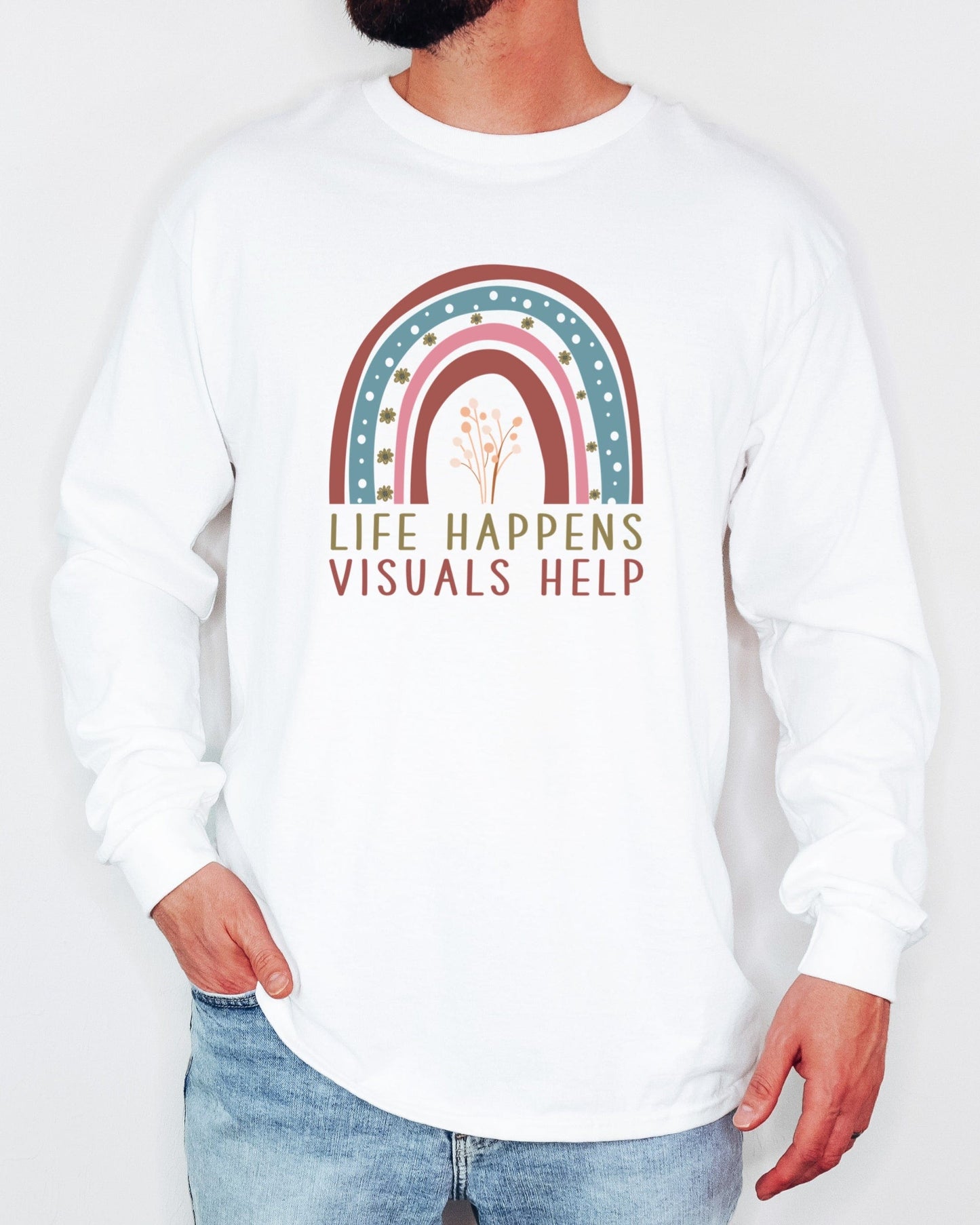 Life Happens Visuals Help Long Sleeve T-Shirt-Neurodiversity, ADHD & Autism Awareness & Acceptance Long-sleeve by Daily Bloom