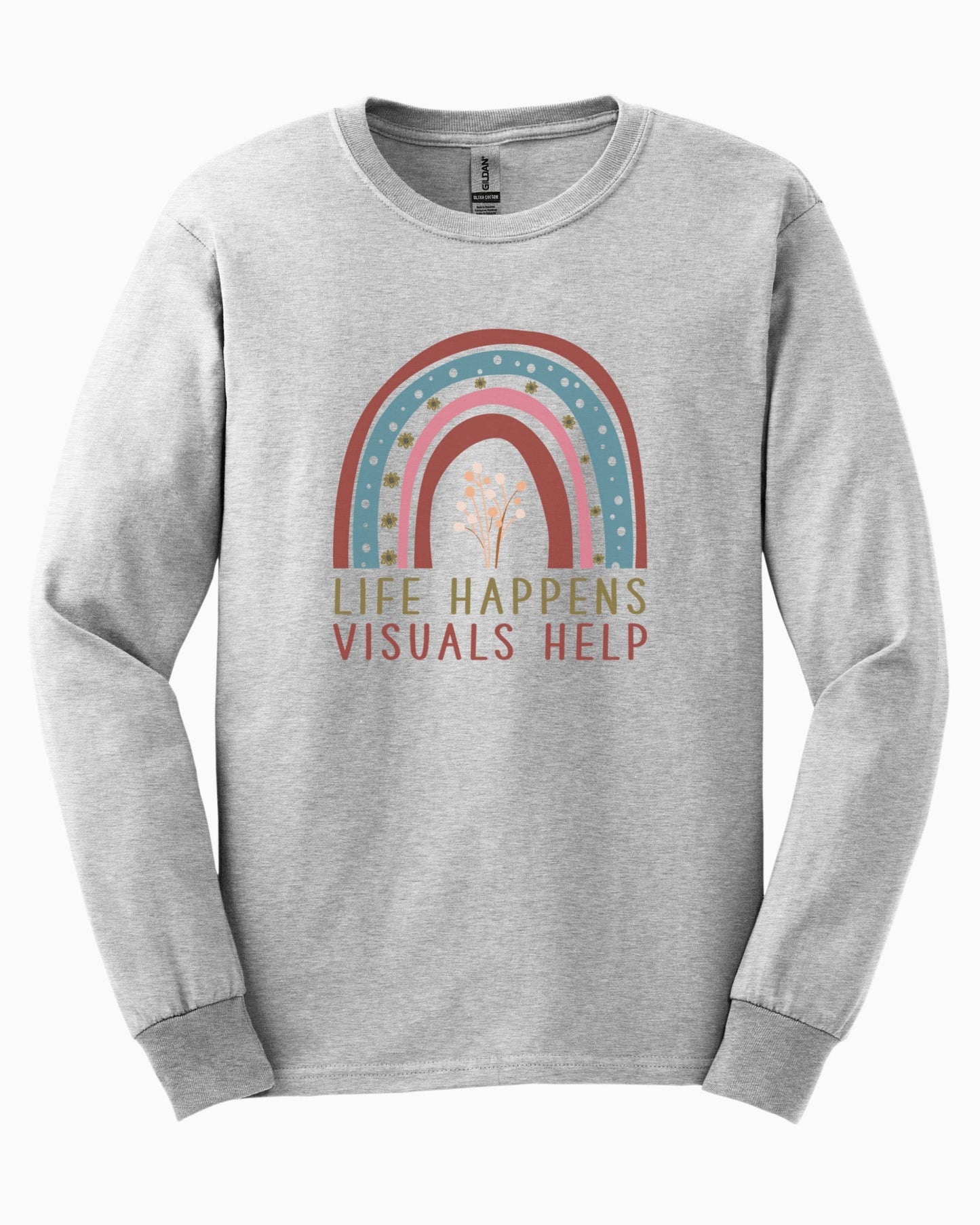 Life Happens Visuals Help Long Sleeve T-Shirt-Ash-Neurodiversity, ADHD & Autism Awareness & Acceptance Long-sleeve by Daily Bloom