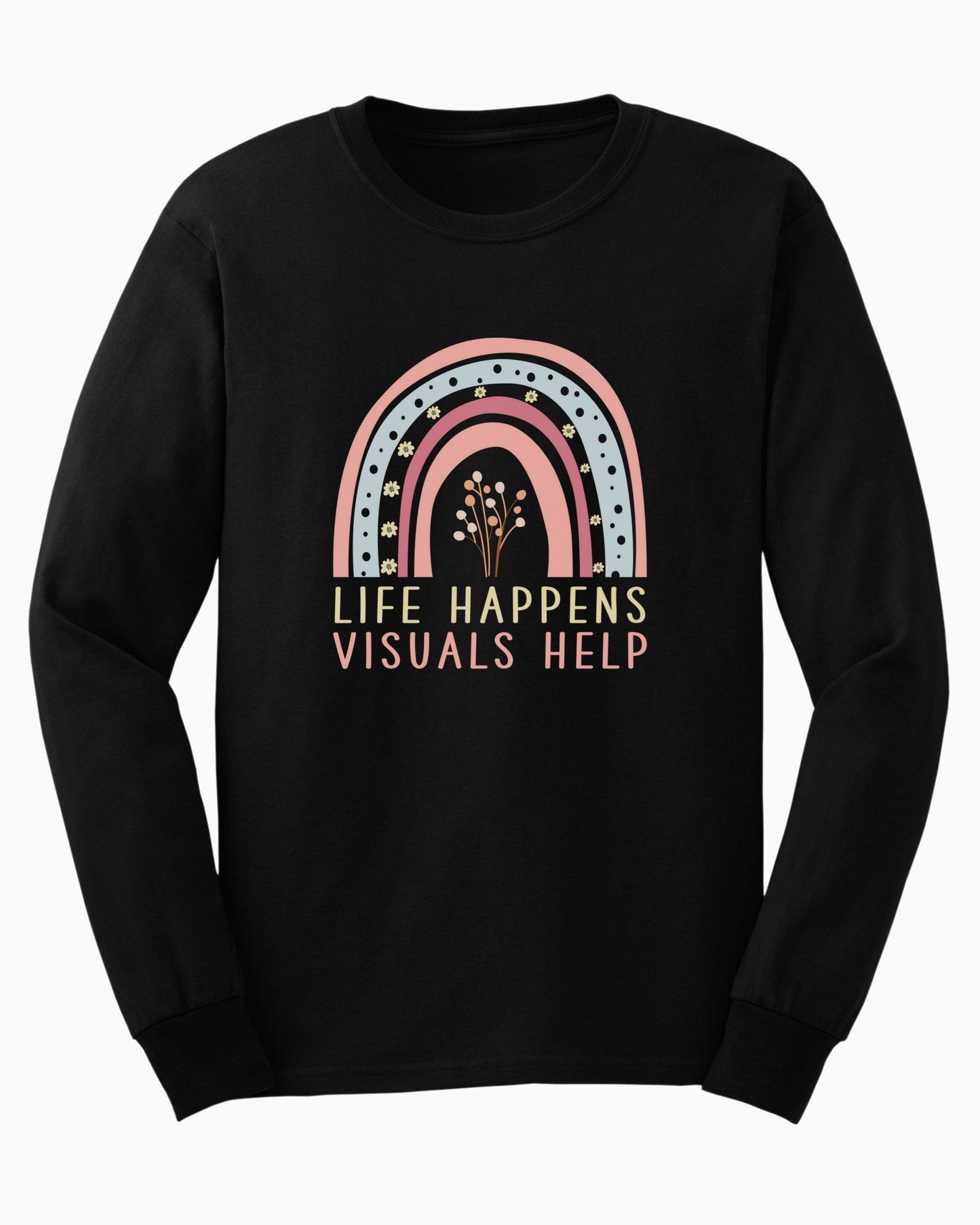 Life Happens Visuals Help Long Sleeve T-Shirt-Black-Neurodiversity, ADHD & Autism Awareness & Acceptance Long-sleeve by Daily Bloom