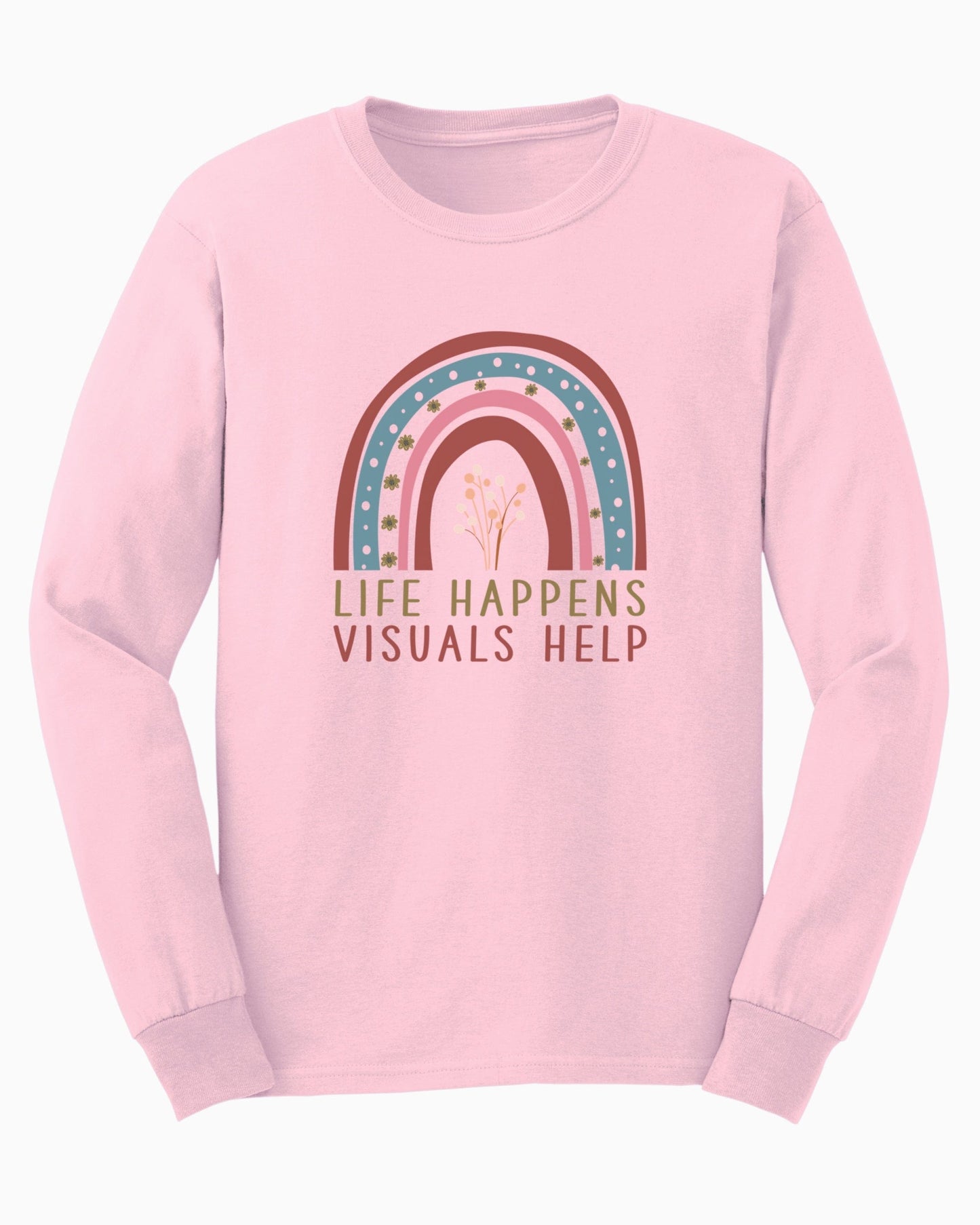 Life Happens Visuals Help Long Sleeve T-Shirt-Light Pink-Neurodiversity, ADHD & Autism Awareness & Acceptance Long-sleeve by Daily Bloom
