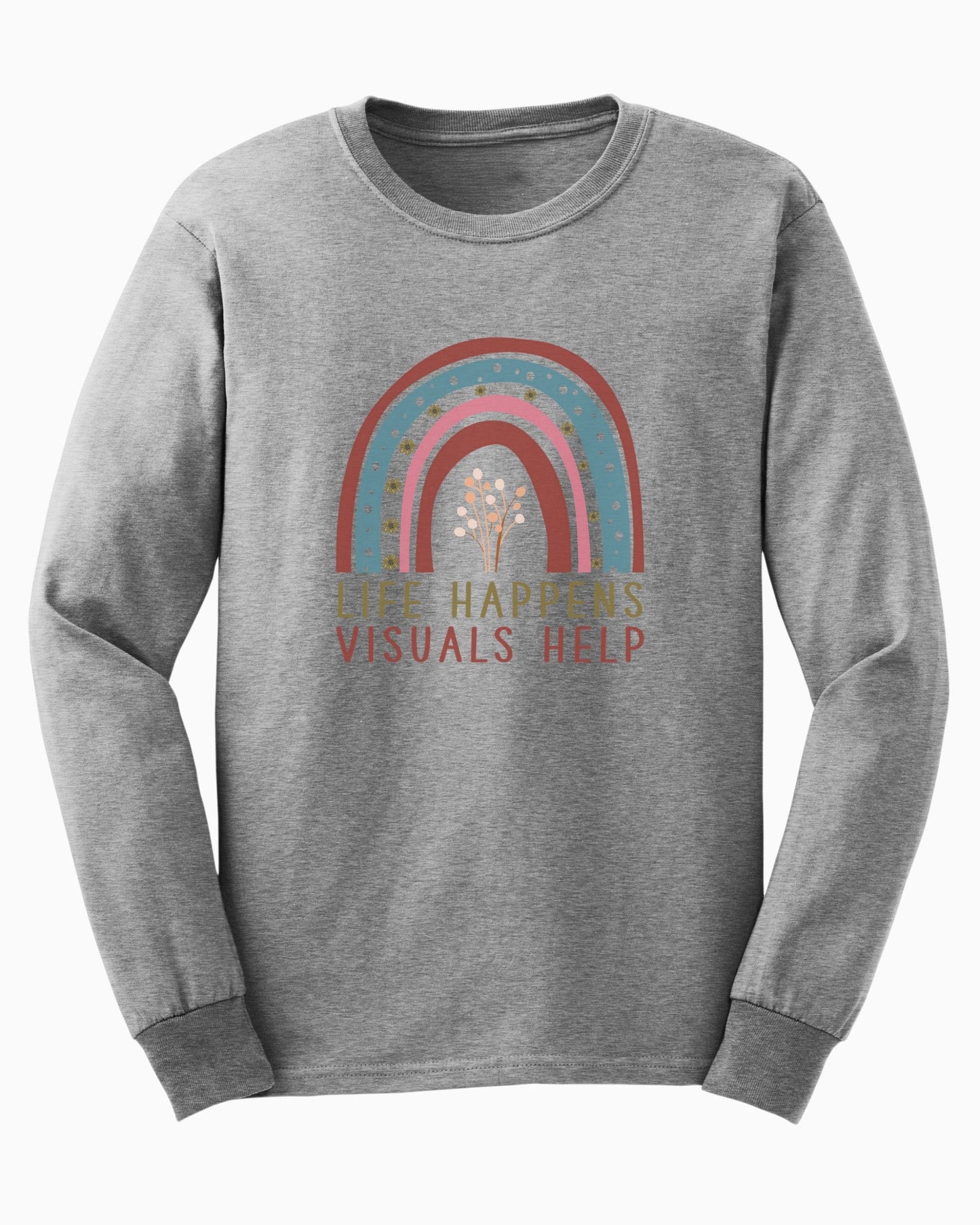 Life Happens Visuals Help Long Sleeve T-Shirt-Sport Grey-Neurodiversity, ADHD & Autism Awareness & Acceptance Long-sleeve by Daily Bloom