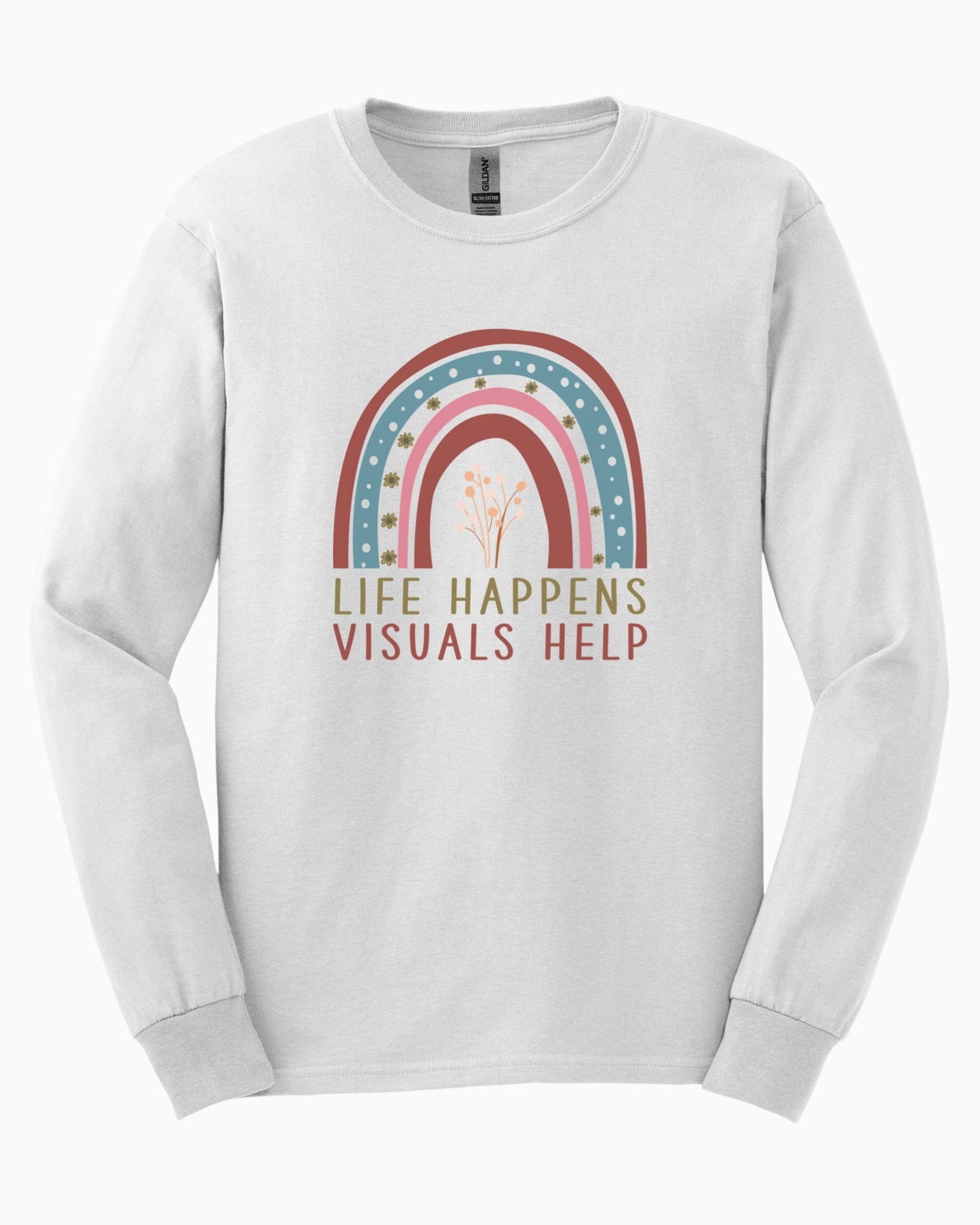 Life Happens Visuals Help Long Sleeve T-Shirt-White-Neurodiversity, ADHD & Autism Awareness & Acceptance Long-sleeve by Daily Bloom