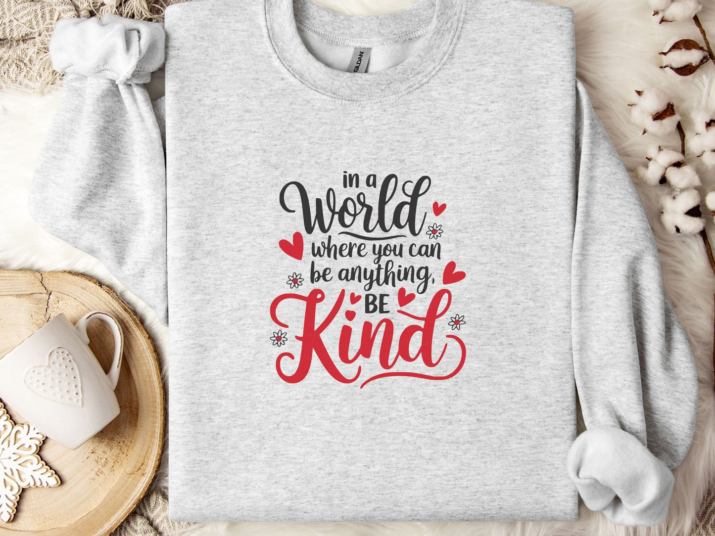 In A World Where You Can Be Anything Be Kind Love Hearts Sweatshirt-Ash-Neurodiversity, ADHD & Autism Awareness & Acceptance Sweatshirt by Daily Bloom