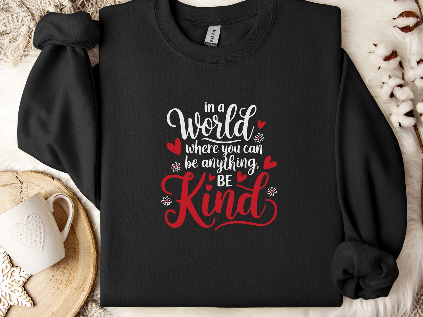 In A World Where You Can Be Anything Be Kind Love Hearts Sweatshirt-Black-Neurodiversity, ADHD & Autism Awareness & Acceptance Sweatshirt by Daily Bloom