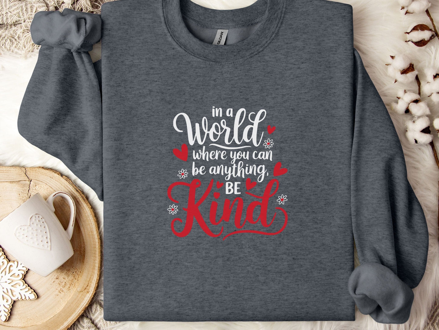 In A World Where You Can Be Anything Be Kind Love Hearts Sweatshirt-Dark Heather-Neurodiversity, ADHD & Autism Awareness & Acceptance Sweatshirt by Daily Bloom