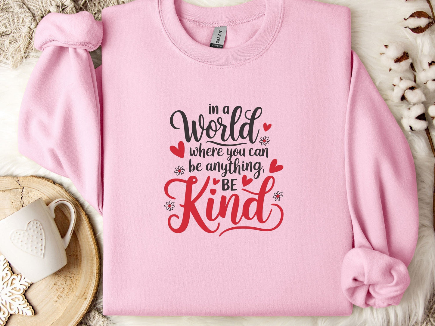 In A World Where You Can Be Anything Be Kind Love Hearts Sweatshirt-Light Pink-Neurodiversity, ADHD & Autism Awareness & Acceptance Sweatshirt by Daily Bloom