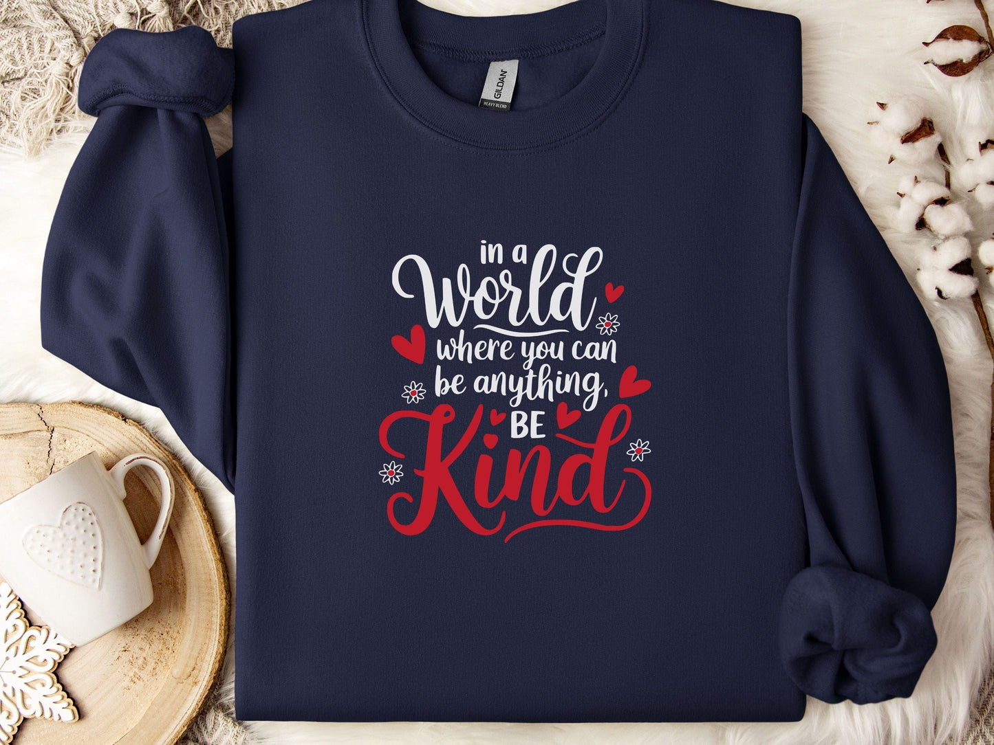 In A World Where You Can Be Anything Be Kind Love Hearts Sweatshirt-Navy-Neurodiversity, ADHD & Autism Awareness & Acceptance Sweatshirt by Daily Bloom